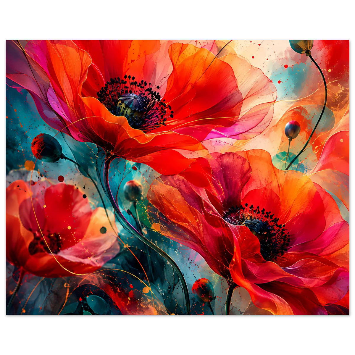 Blumen-Artposter mit roten und orangen abstrakten Blüten, blauen Details und Farbspritzern