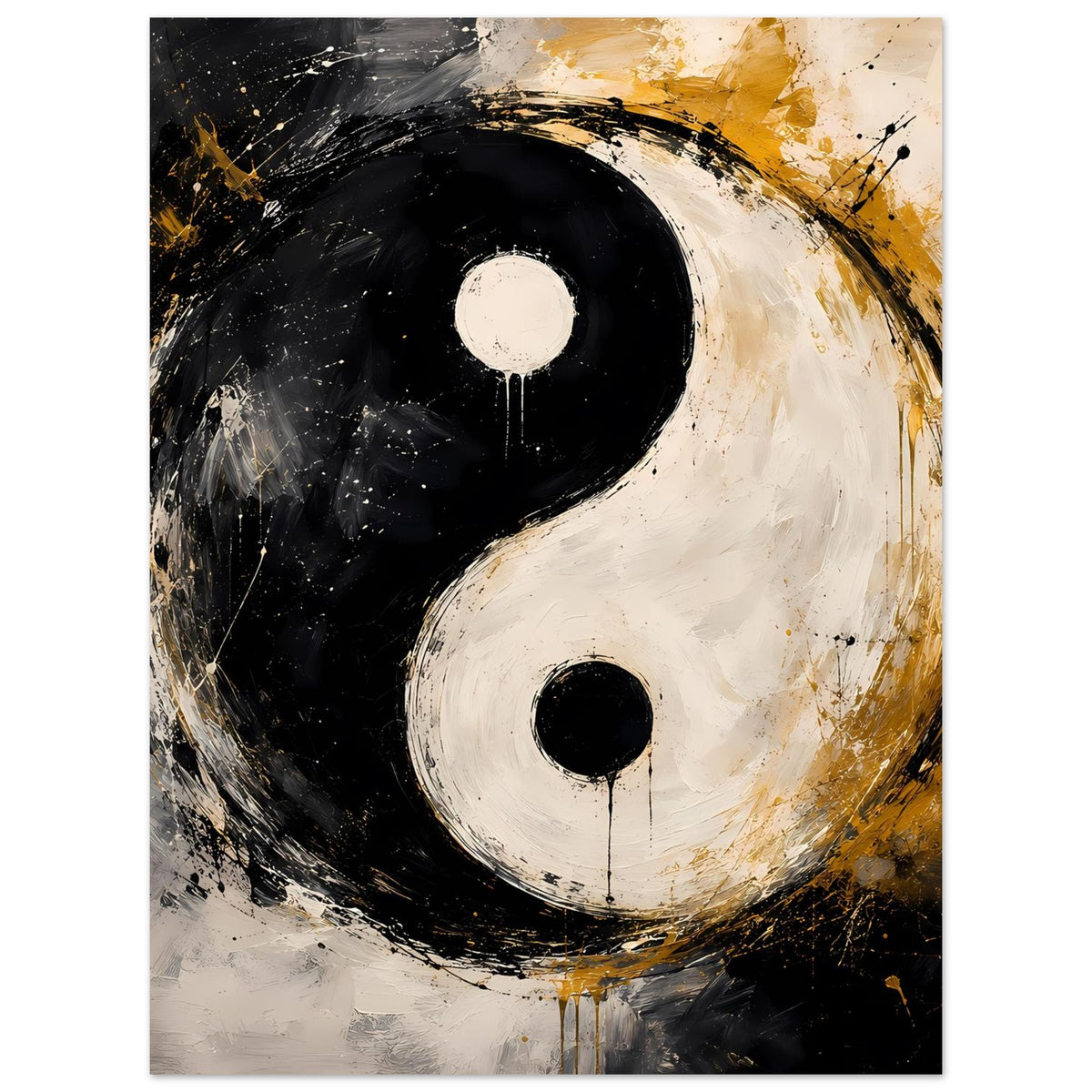 Abstraktes Yin‑Yang Poster mit Yin‑Yang‑Motiv in Schwarz‑Weiß und goldfarbenen Akzenten