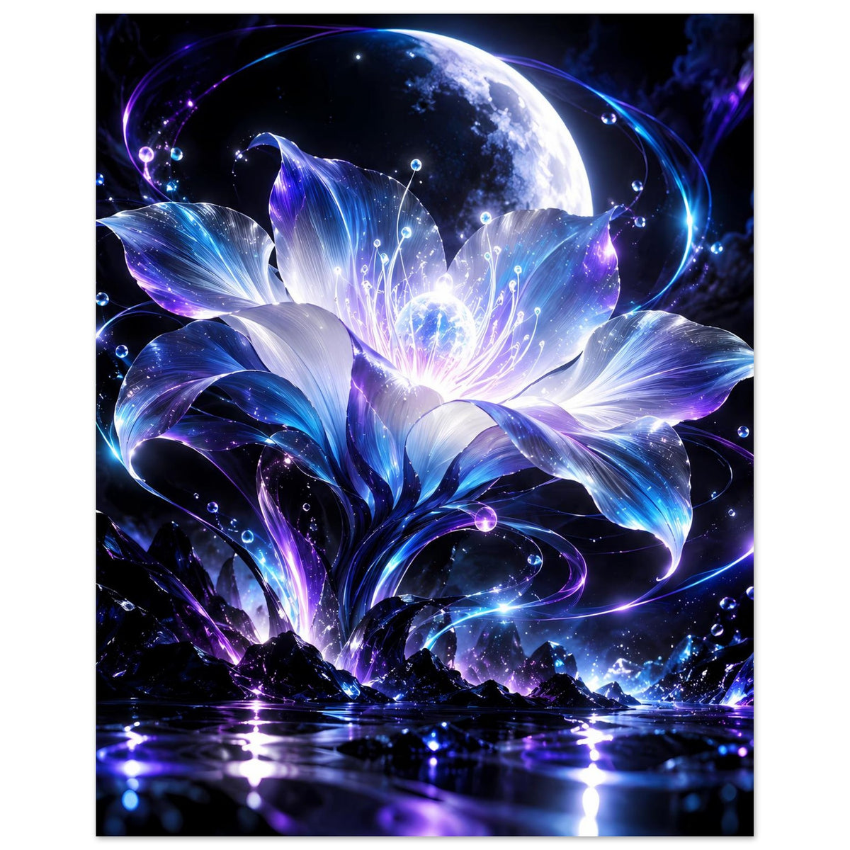 Quadratisches Poster mit Mond, großer Blüte und blau-violetten Lichtringen