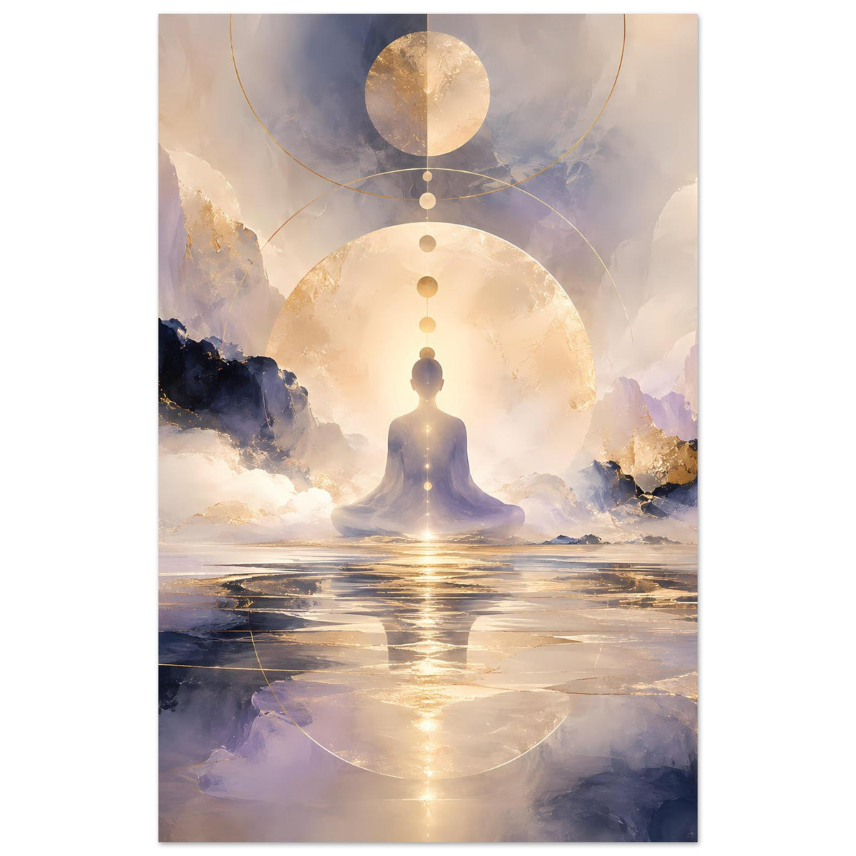 Poster im Hochformat mit Meditationsfigur, goldenen Kreisen und silbrigem Lichtreflex.