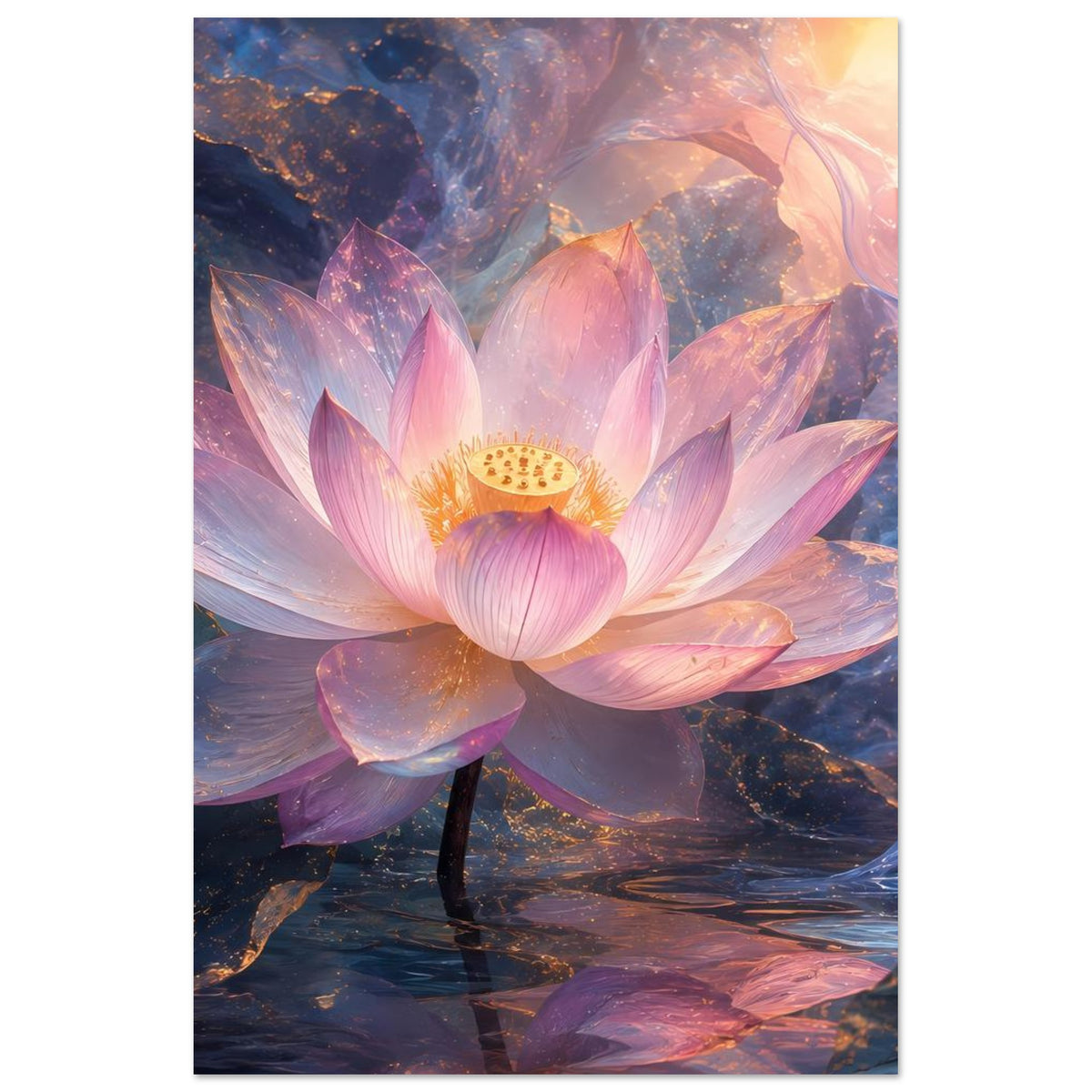 Lotusblüten-Poster, rosa Blüte mit goldener Mitte, mehrblättrig, Hochformat