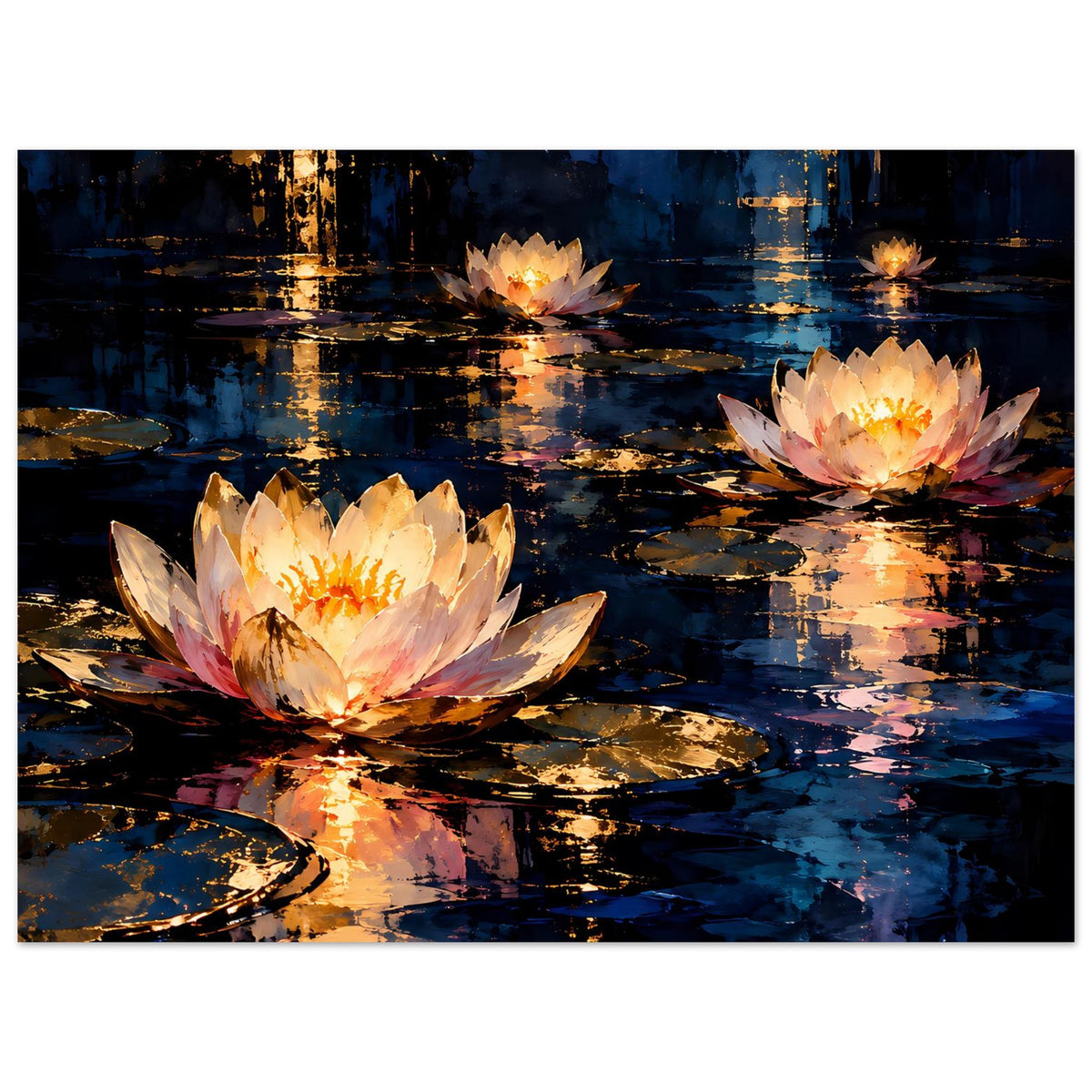 Blumenposter mit leuchtenden Seerosen und goldenen Reflexen auf dunklem, blauem Wasser