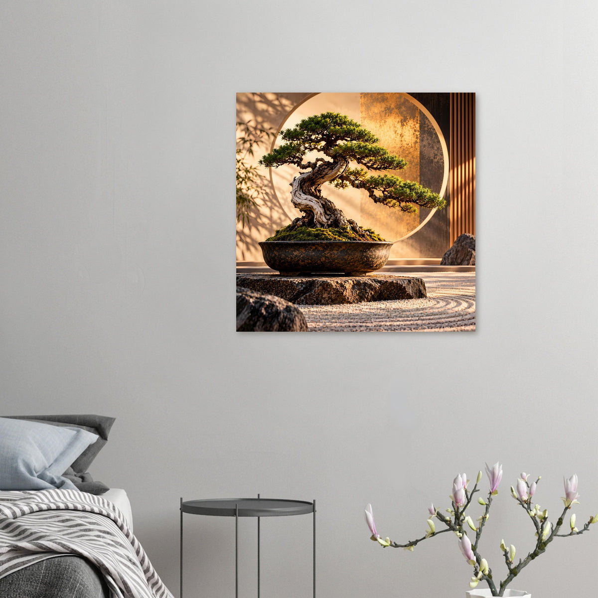 Poster an Wand: Bonsai in Keramikschale, großer Kreis im Motiv, moderne Raumgestaltung