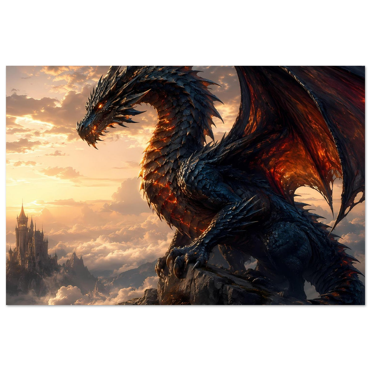 Fantasy-Drachenposter mit großem Drachen und goldorangen Flammen im Dämmerlicht