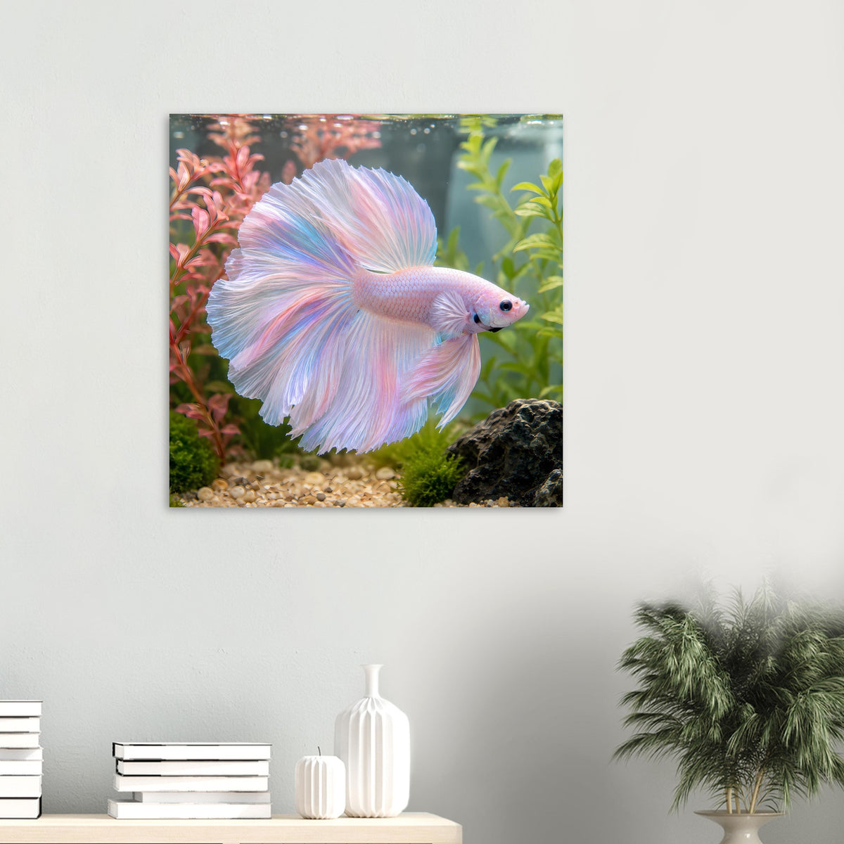 Kleines Poster mit Kampffisch Betta in Pastellfarben, weit gespreizte Flossen im Aquarium