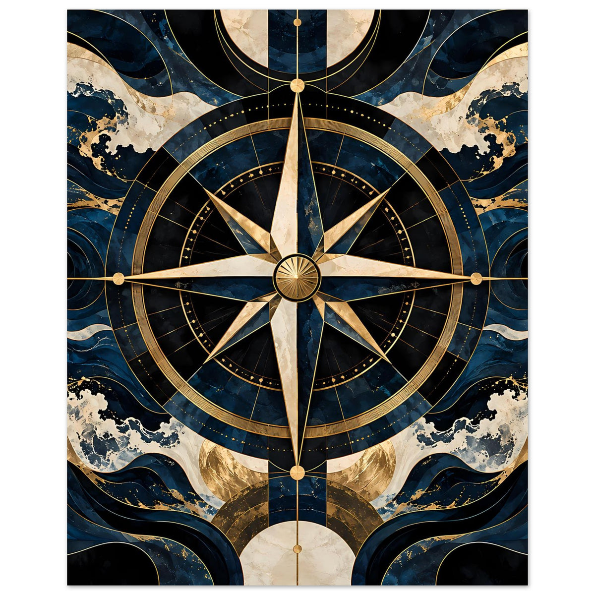 Maritimes Navigationsposter mit Kompassrose in Blau und Gold, Hochformat