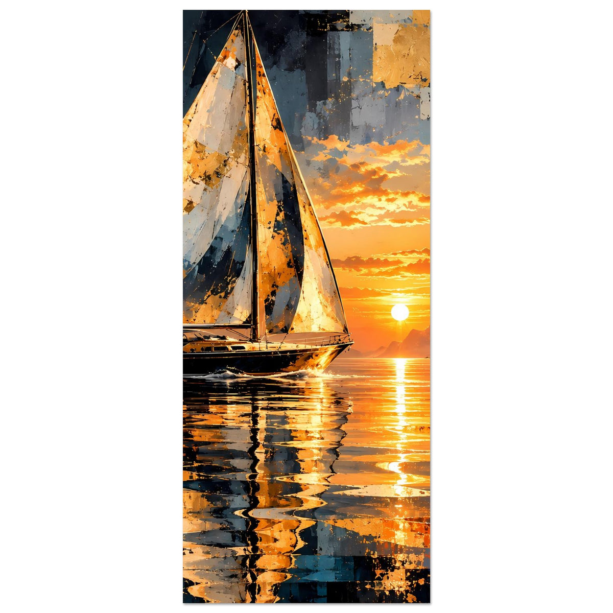 Vertikales abstraktes Segelboot-Sonnenuntergangs-Poster mit spiegelnder Sonne im Wasser
