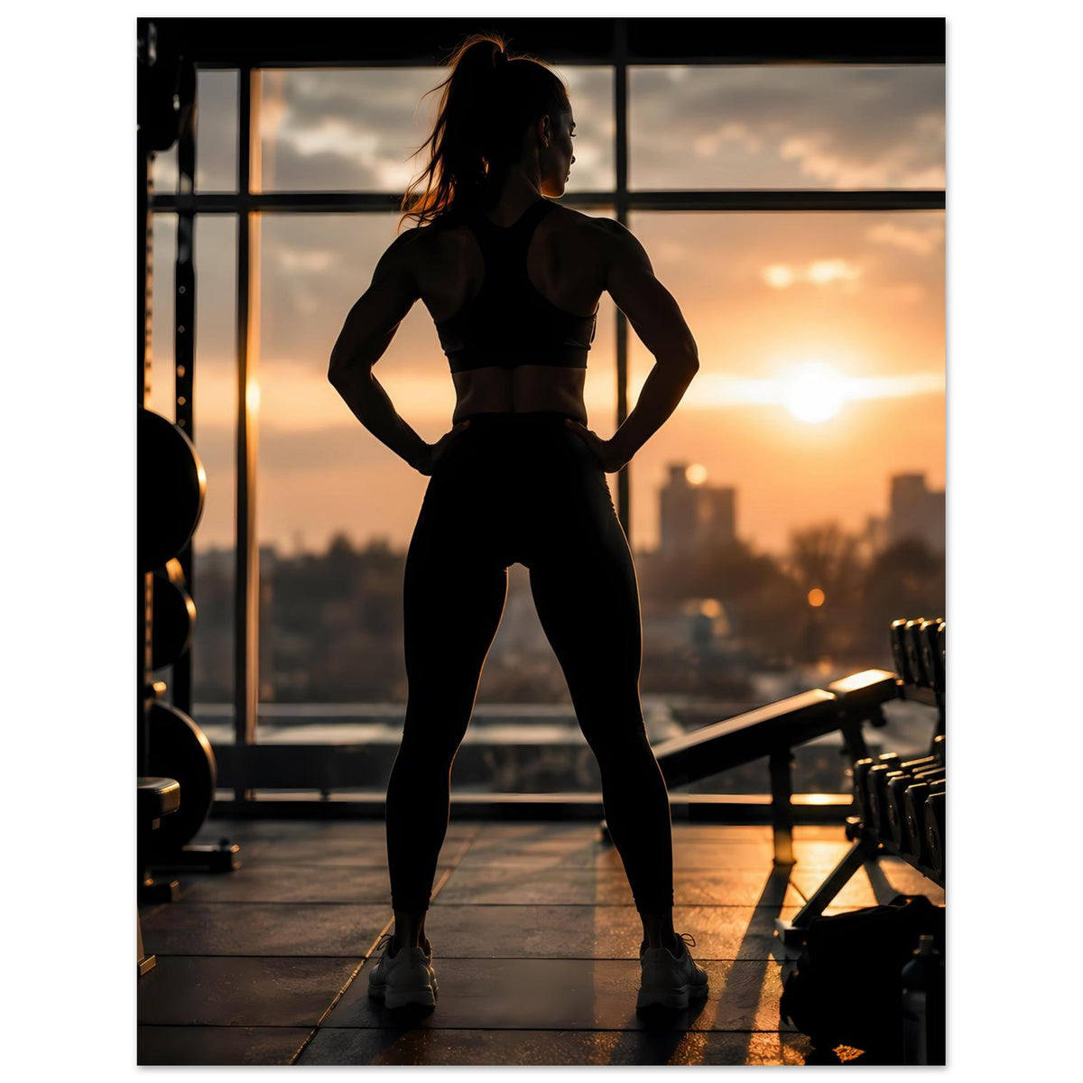 Poster: Sportlerin-Silhouette, seitliche Ansicht mit Händen in Hüfthöhe