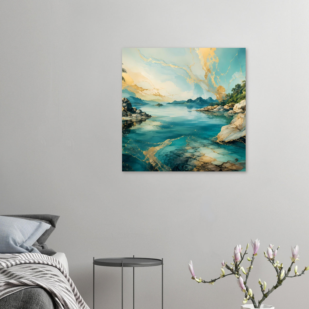 Kleines Küstenlandschafts-Poster mit türkisblauem Meer, Felsen und warmem Himmel