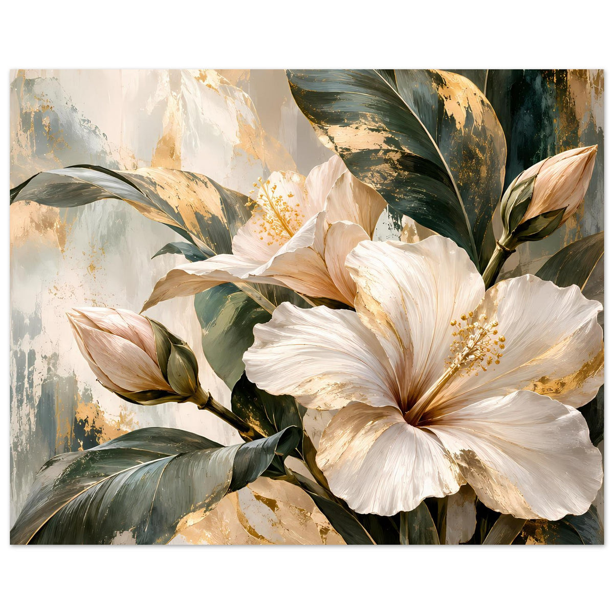 Blumenposter: mehrere Hibiskusblüten in Creme und Beige, goldene Pünktchen, grüne Blätter