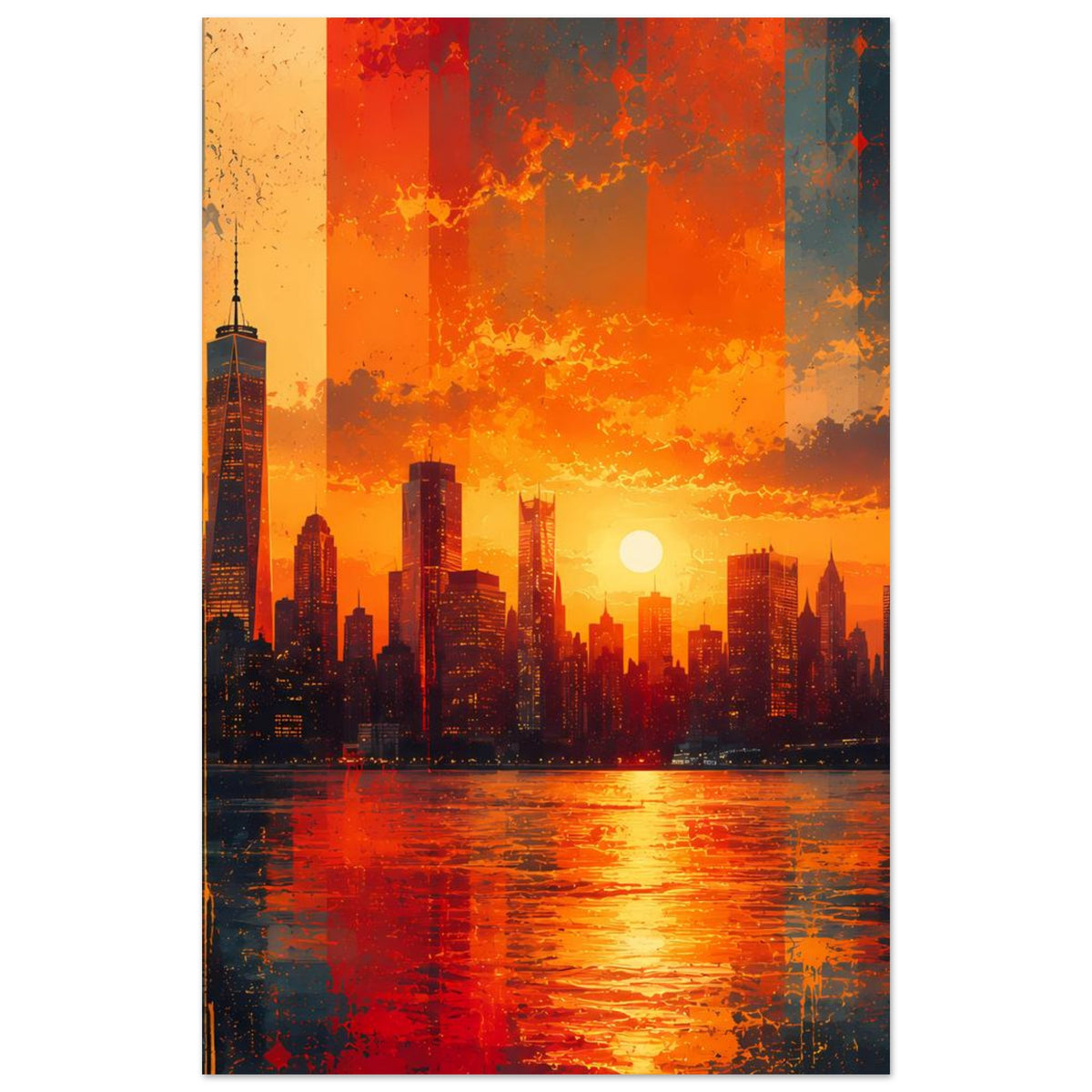 Stadtlandschafts-Poster, schmal vertikal: Skyline bei Sonnenuntergang mit Sonne über dem Wasser