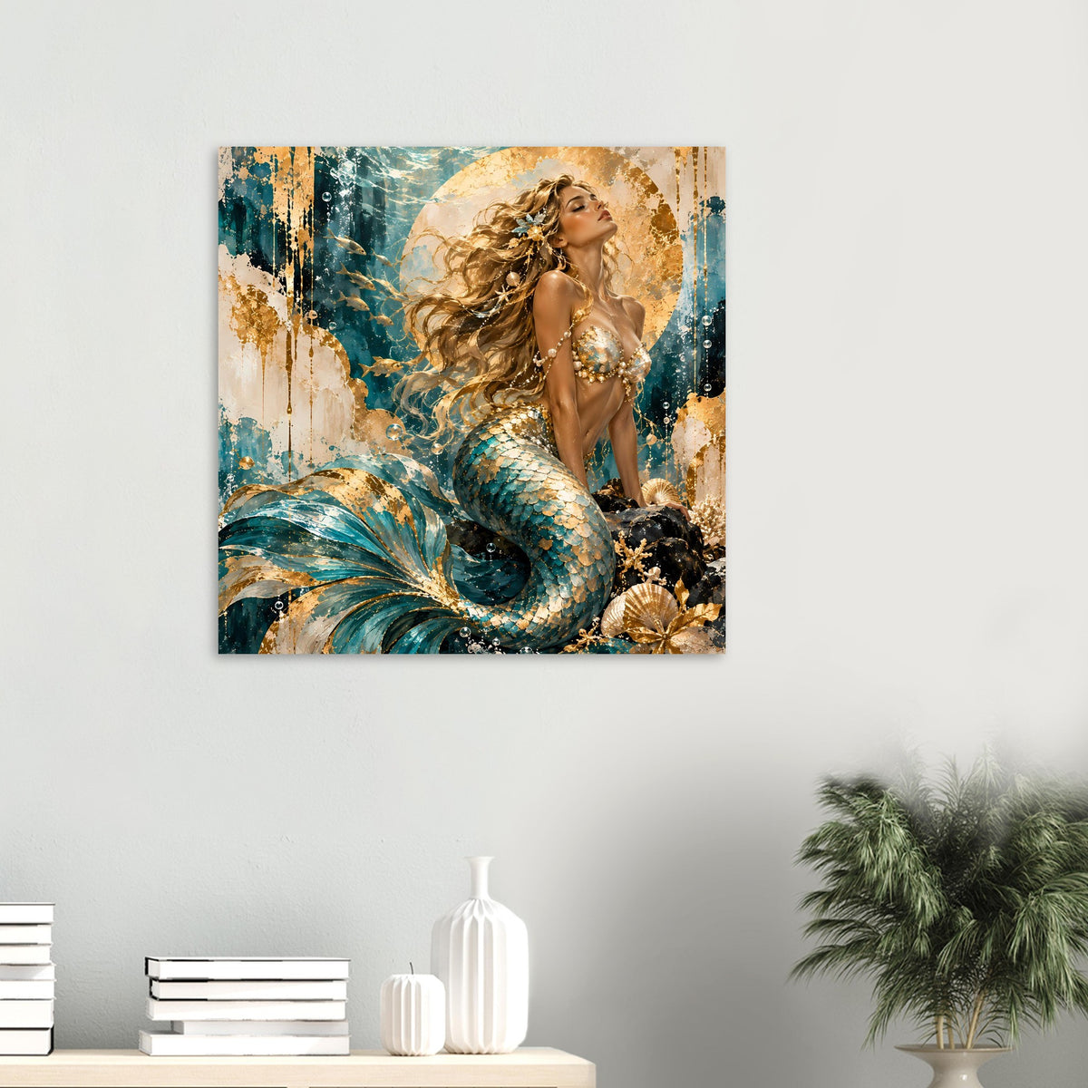 Kleines Meerjungfrauen-Kunstposter mit Perlenkette, gold schimmernder Flosse und Wellenakzenten