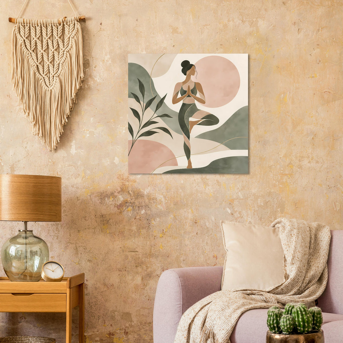 Abstraktes Yoga-Poster mit Figur in Salbeigrün und Rosé