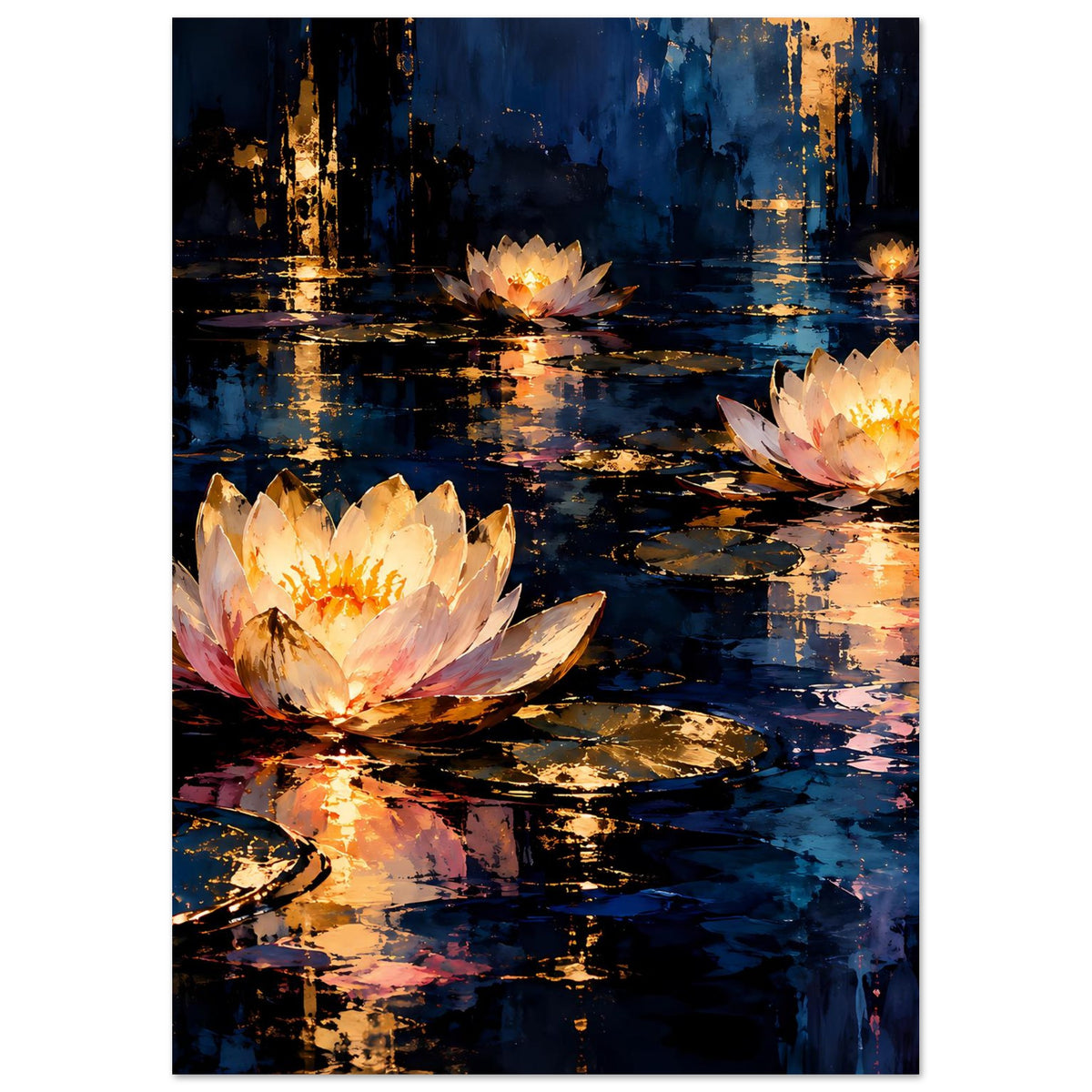 Blumenposter mit Seerosen und goldenen Reflexionen auf dunklem Tiefblau