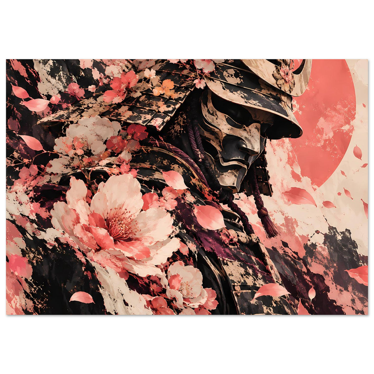 Poster mit Samurai und Kirschblüten, schwarze Texturen und rosafarbene Blüten
