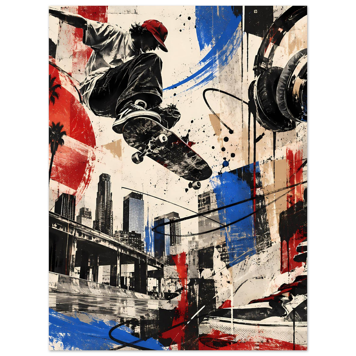 Poster mit Skateboarder in Schwarz, dynamischer Street-Art, Akzente in Rot und Blau
