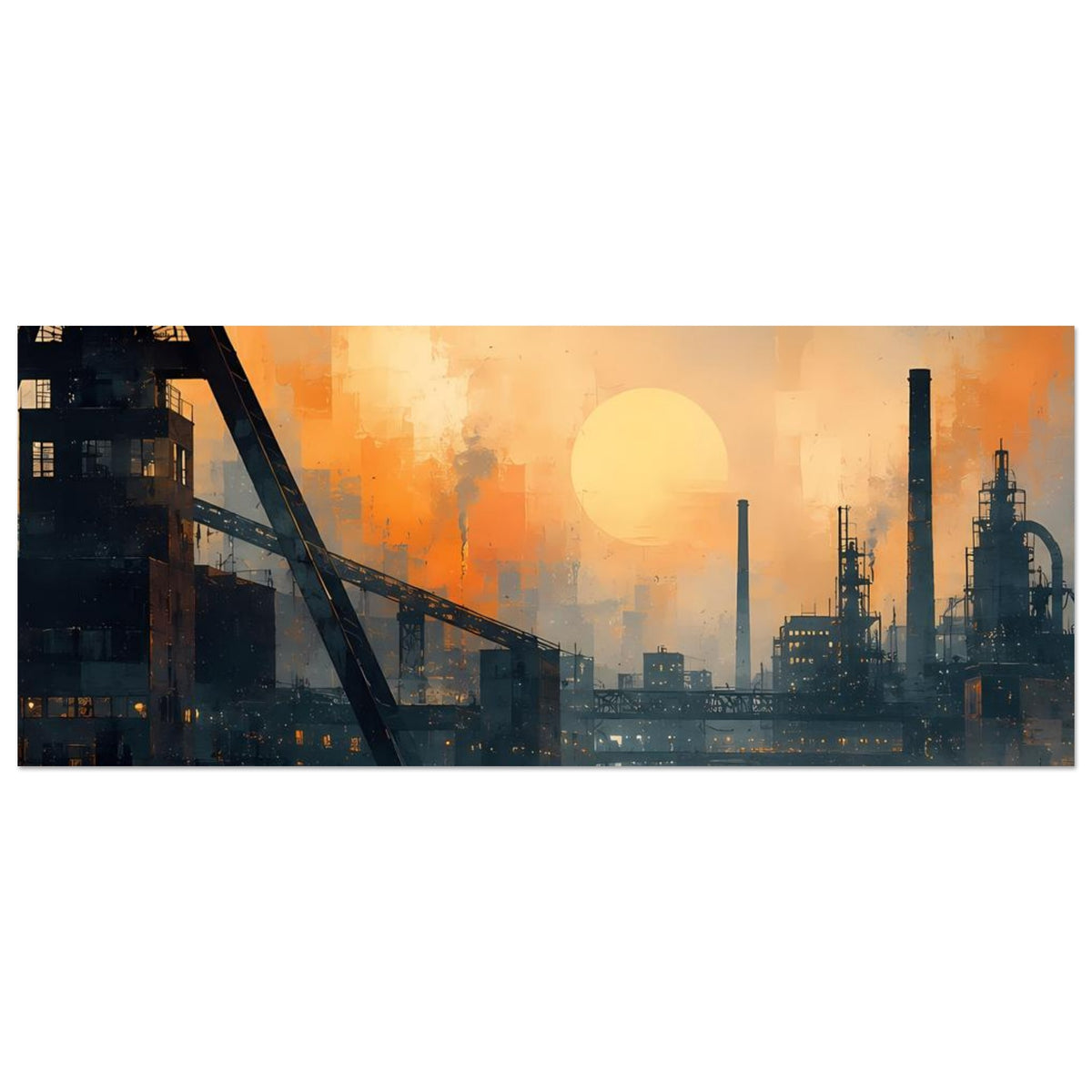 Breitformat-Industrie-Skyline-Poster mit Sonne, Fabrikschloten, dunkler Uferkante und Reflexionen