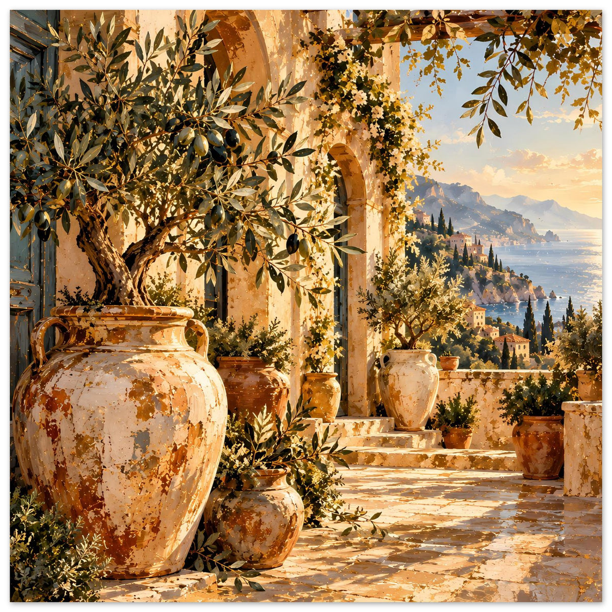 Kunstposter mit Olivenbaum, Terrakotta-Gefäßen, Treppenweg und mediterranem Bergblick