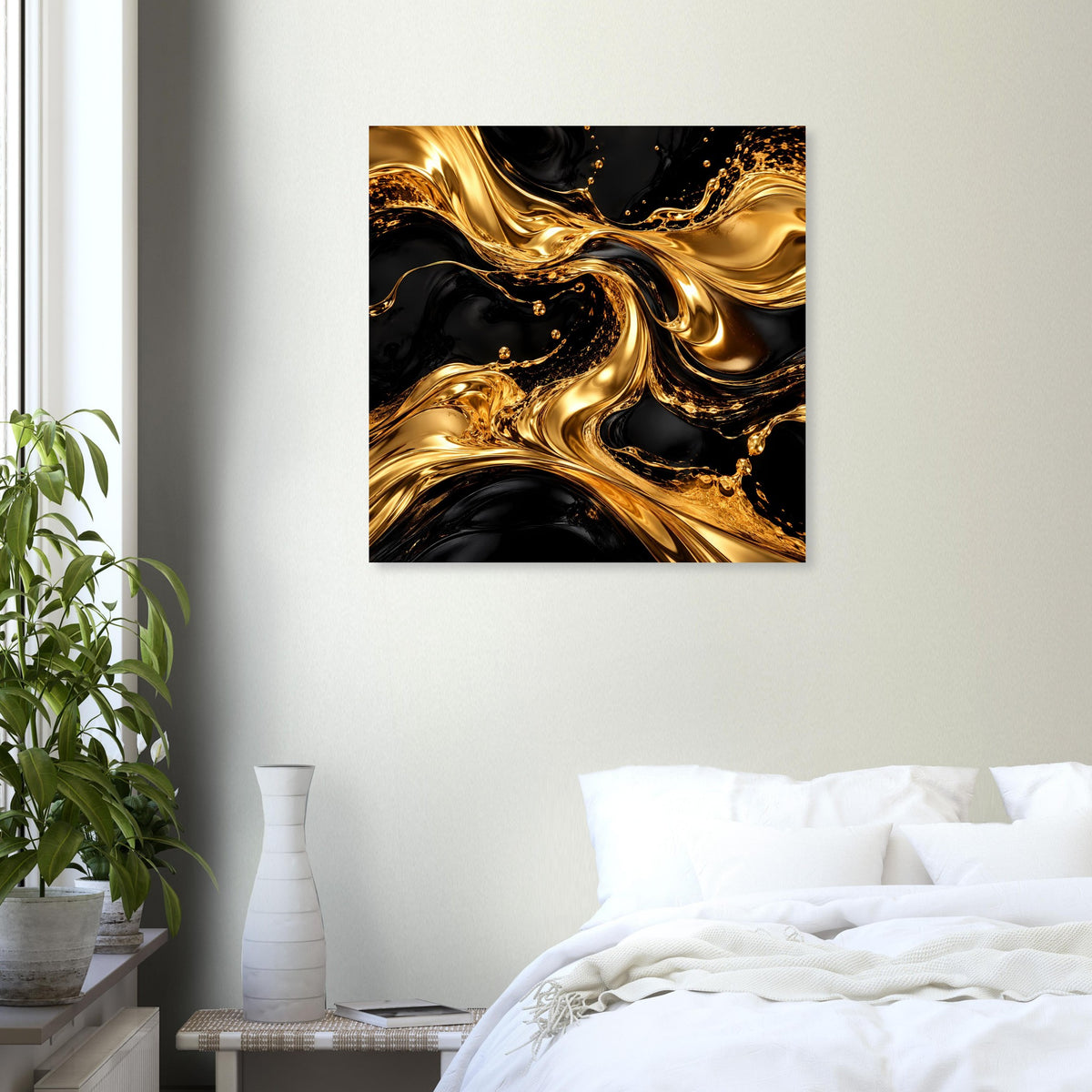 Quadratisches Poster mit goldenen Wellenwirbeln auf tiefem Schwarz, in schwarzem Rahmen