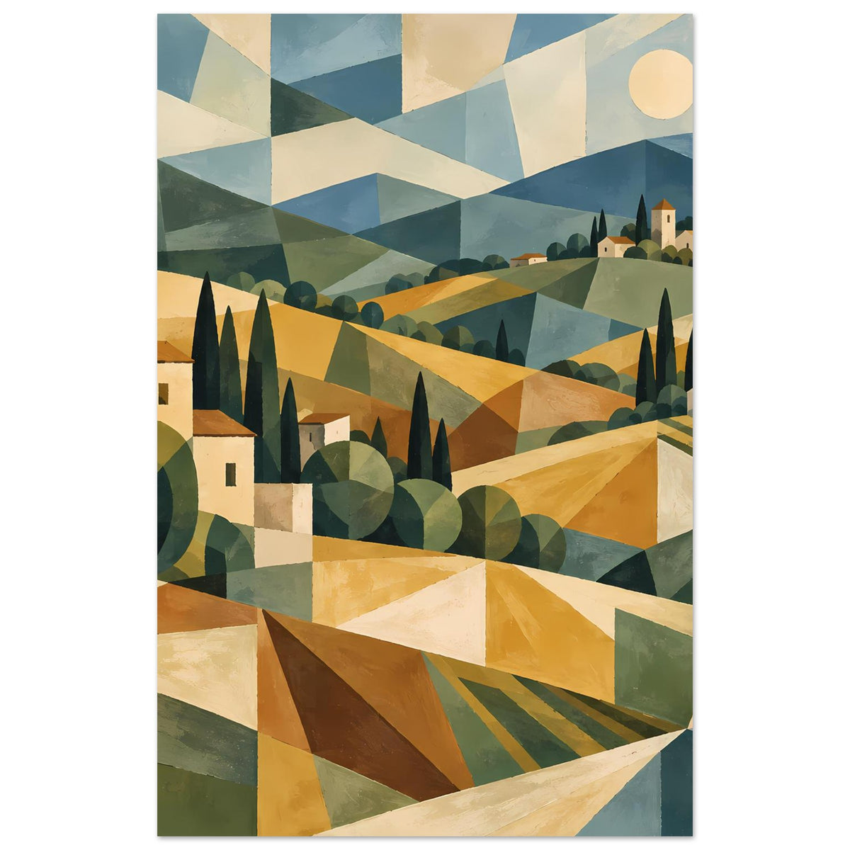 Poster im Hochformat mit geometrischer Toskana-Landschaft, Hügeln, Zypressen und Dorfhäusern