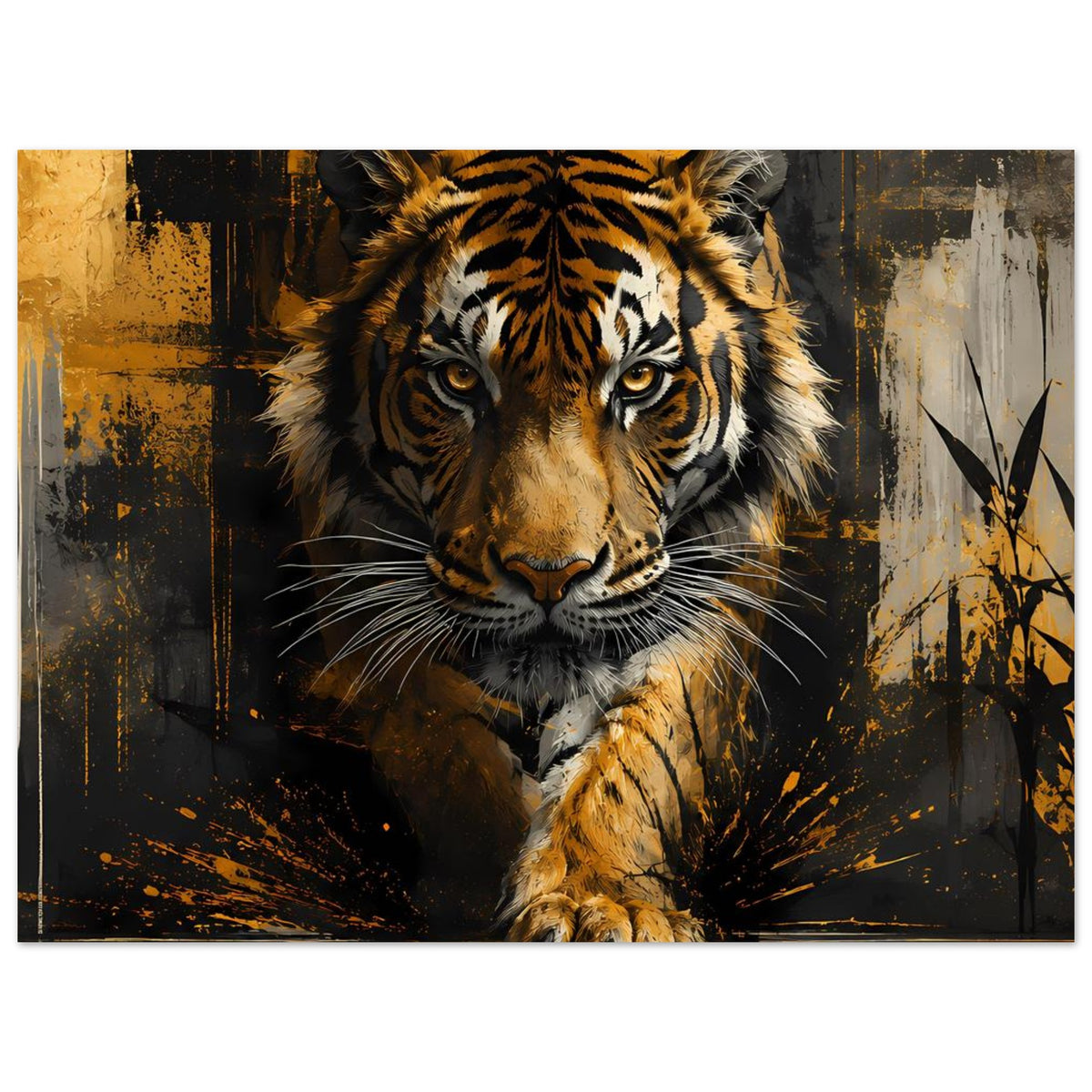 Tigerposter mit frontal blickendem Tiger, goldgelbes Fell und schwarze Streifen
