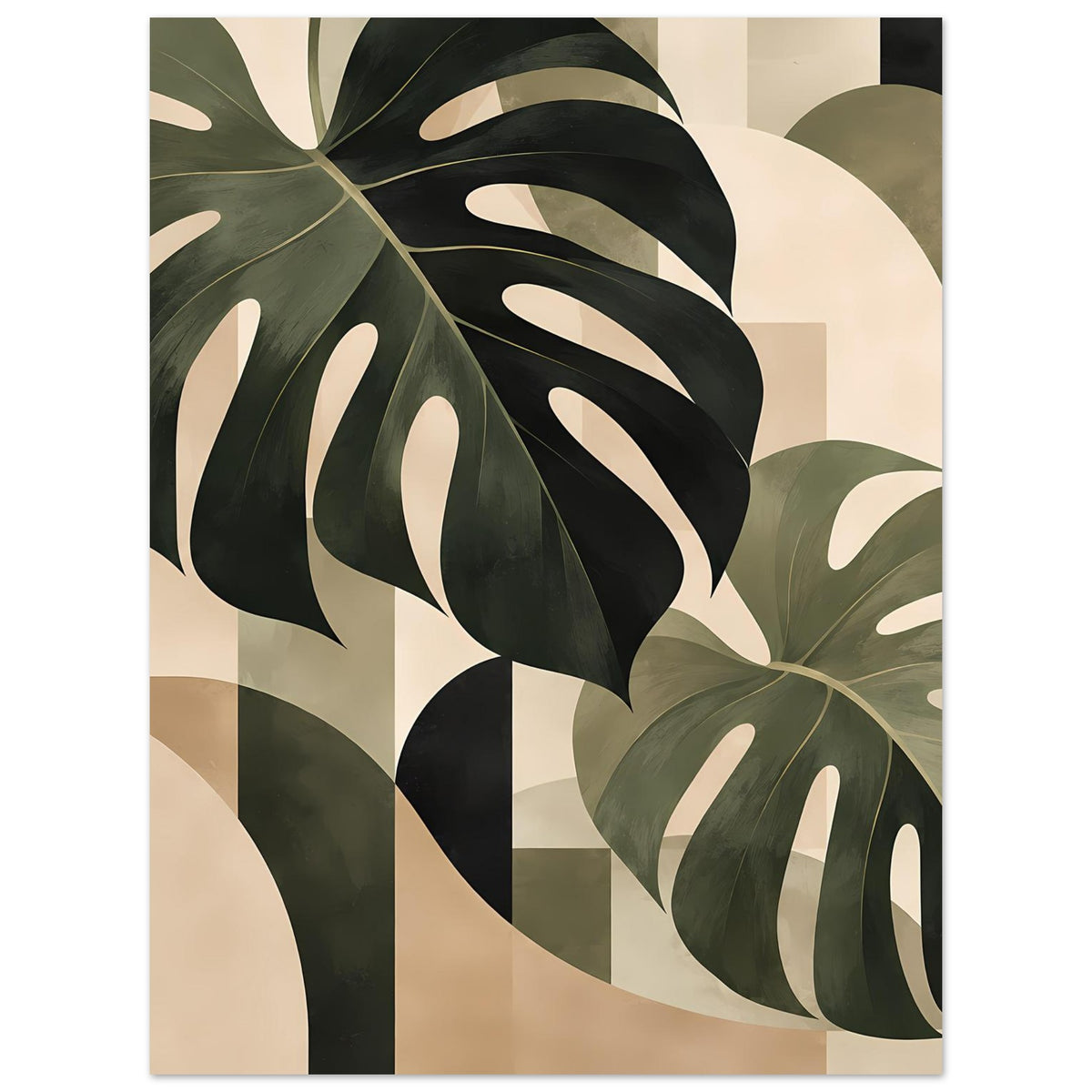 Botanikposter mit großen Monstera-Blättern, Salbeigrün und Beige, mit dunkelgrünen Akzenten