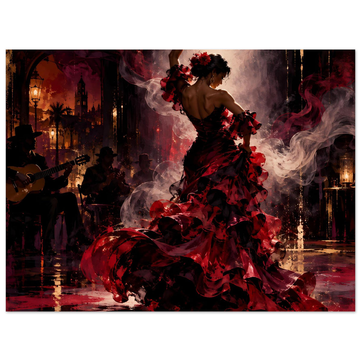 Flamenco-Passion Poster: Frau im roten Flamenco-Kleid, Rauchschwaden und Lichtsäulen