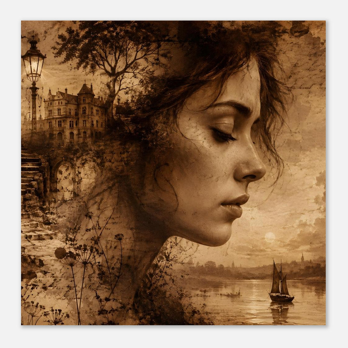 Sepia Poster im Querformat: Frauenprofil, Pusteblumen, Häuser und Segelboot