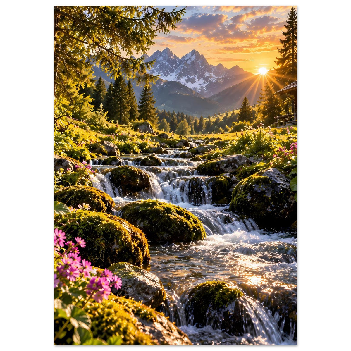 Landschaftsposter mit Wasserfall und Nadelwald, moosige Steine, warmes Licht der Sonne