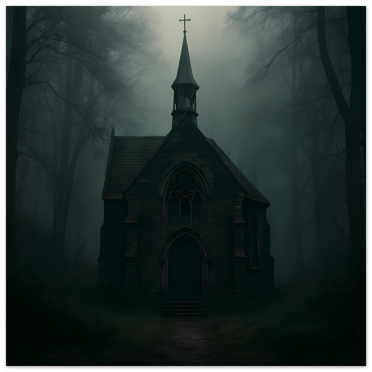Kapellenposter: dunkle Kapelle mit Kreuz am Dachreiter, gotische Fenster im Nebel