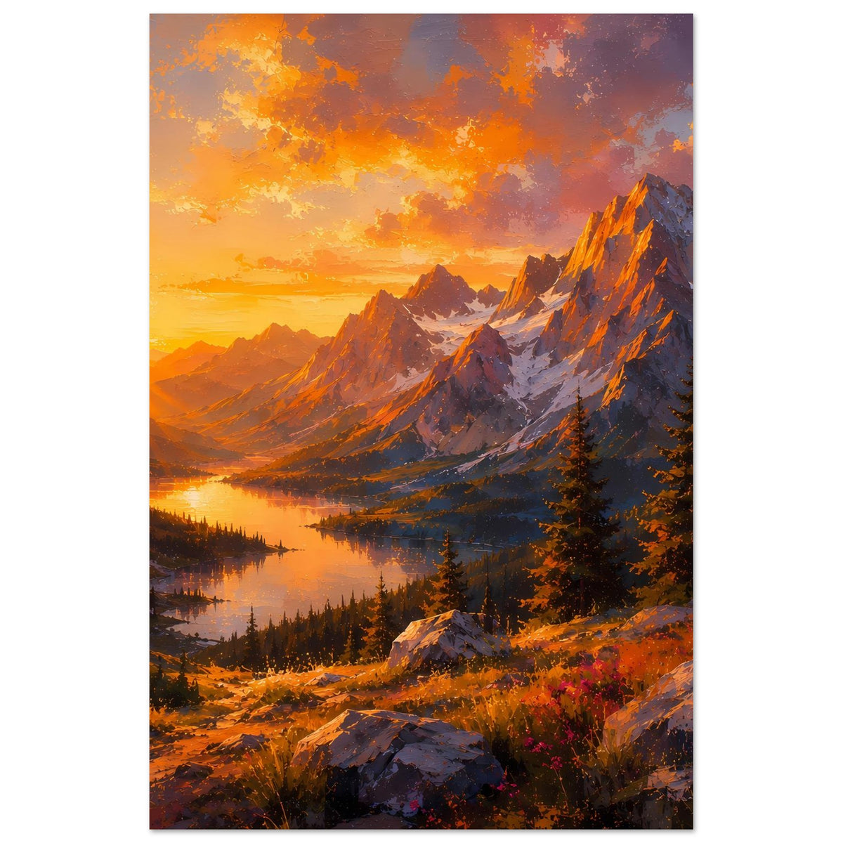 Vertikales Wandposter mit Sonnenuntergang und Berglandschaft am See