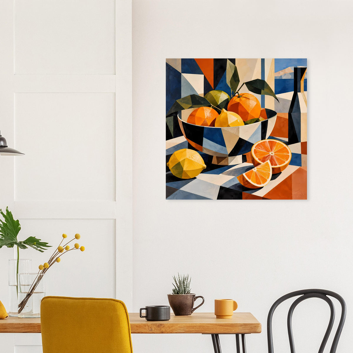 Zitrus-Stillleben-Poster im Kubismusstil: Schale mit Orangen, Zitronenspalten und Blockfarben