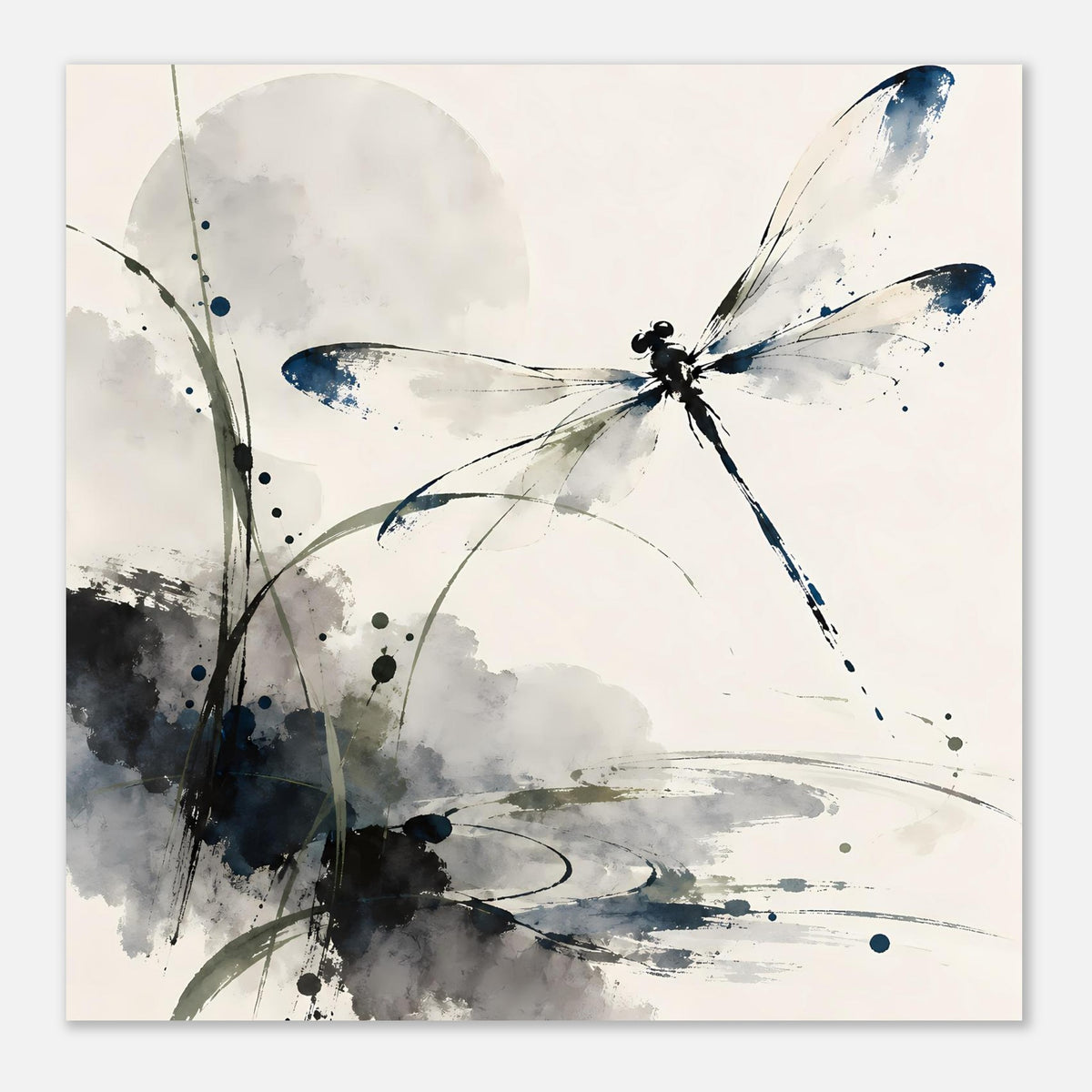 Querformat-Aquarell-Poster mit Libelle in Blau und Grau, monochrome Grauschattierungen.