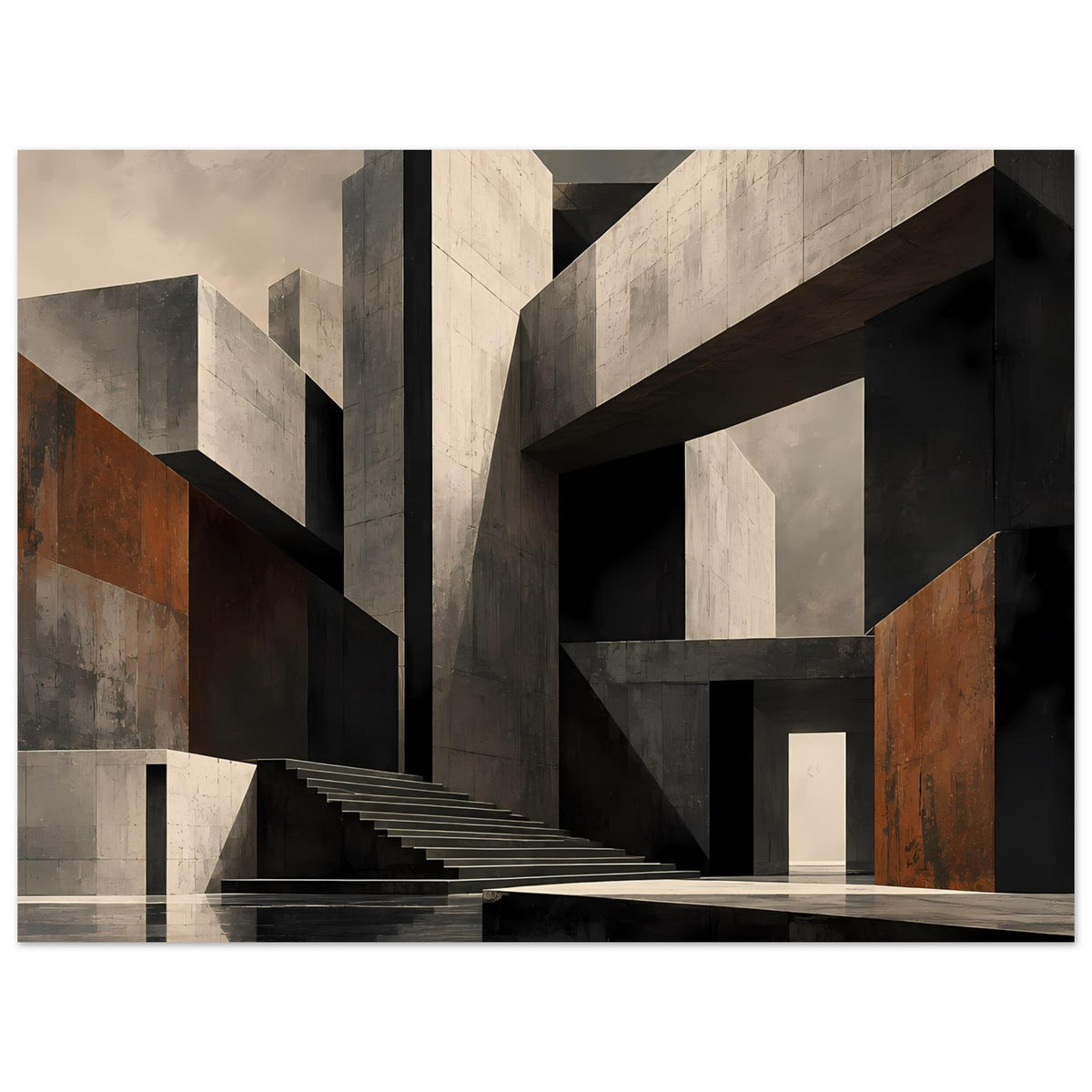 Architekturposter mit Treppe im Innenraum, graue Betonblöcke, dunkle Durchgänge und rostfarbene Säulen