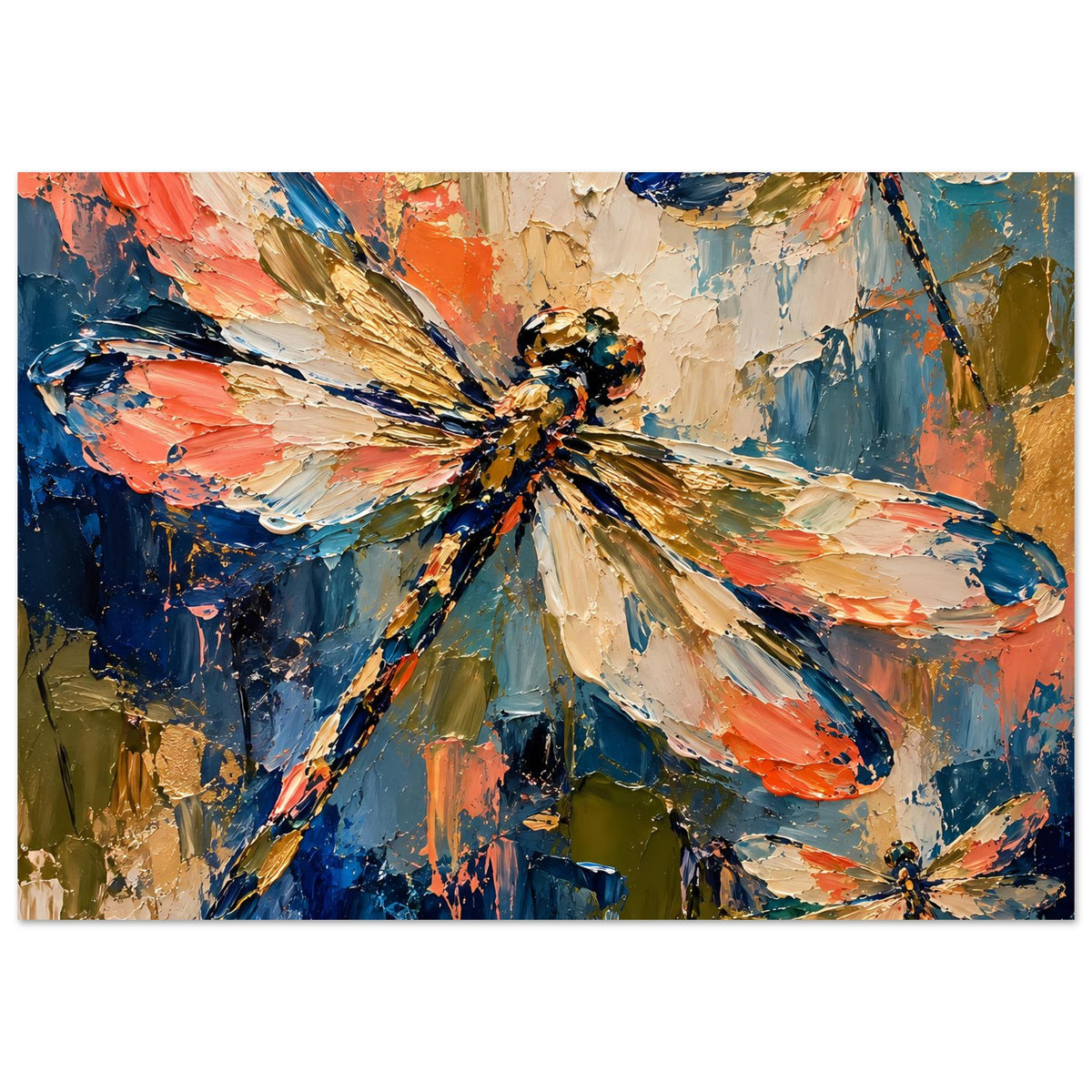 Poster mit Drachenfliegen-Motiv, leuchtende Pinselstriche auf mattem Papier