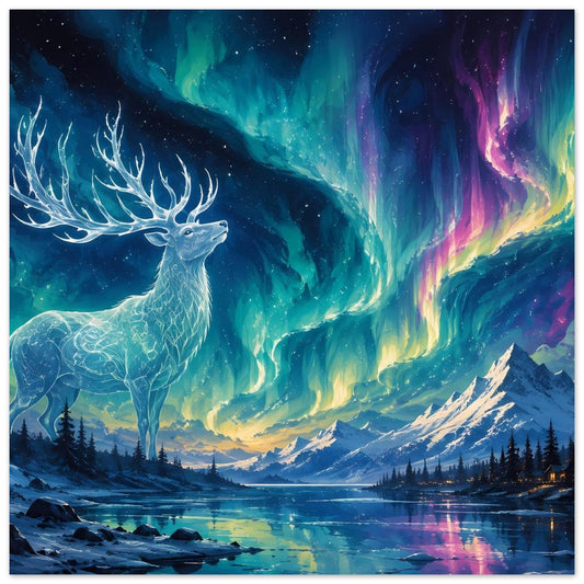 Fantasy-Poster mit weißem Hirsch im Vordergrund unter farbigen Nordlichtern