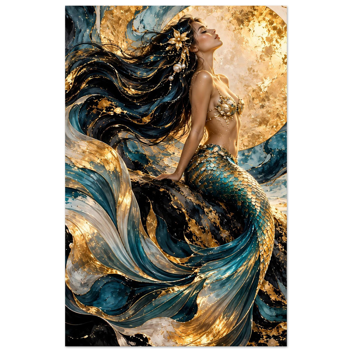 Vertikales Meerjungfrauen-Poster mit zentraler Figur, Türkis-Gold-Tönen und goldenem Mond