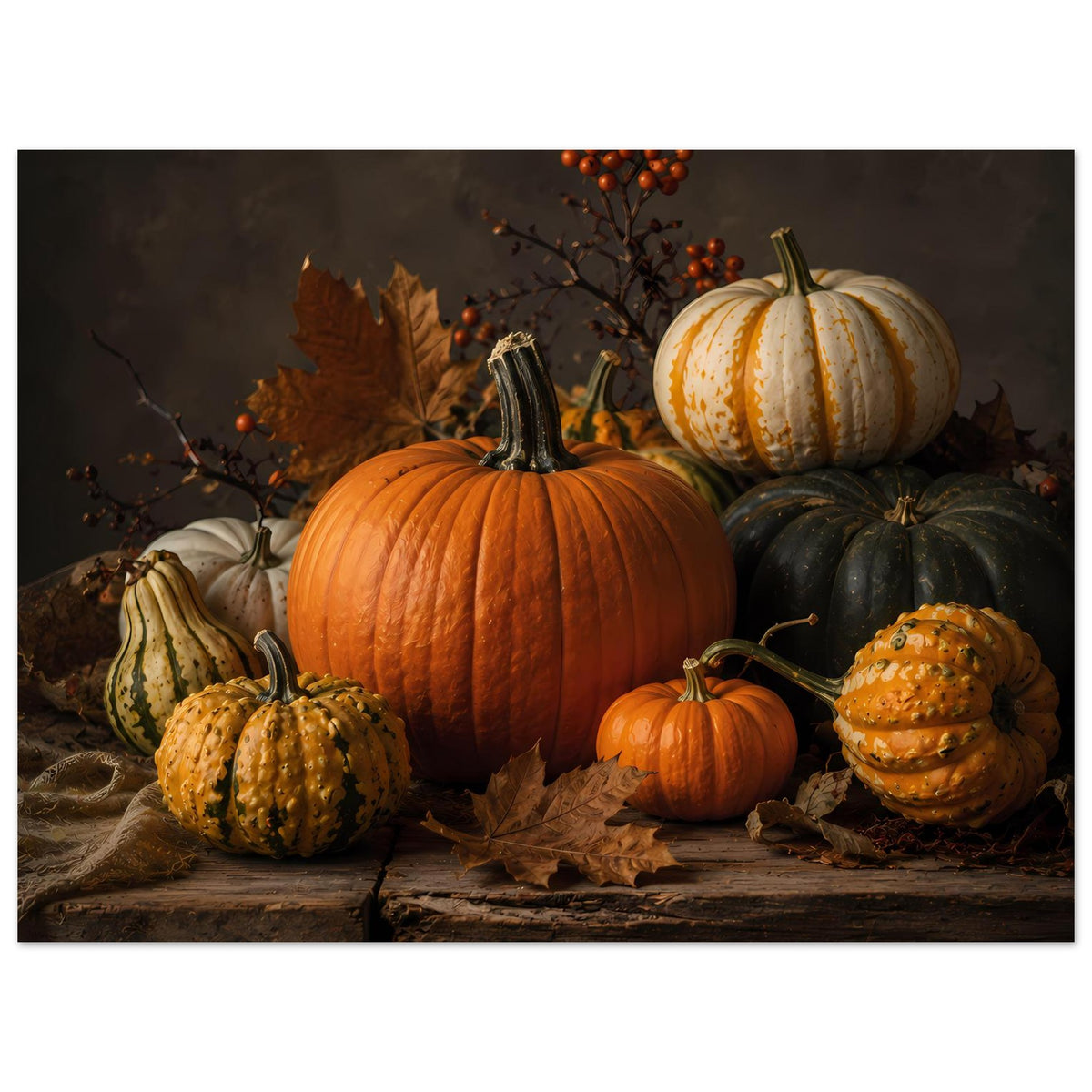 Herbstliche Kürbis-Komposition auf Poster: orange, weiße und schwarze Kürbisse mit Blättern