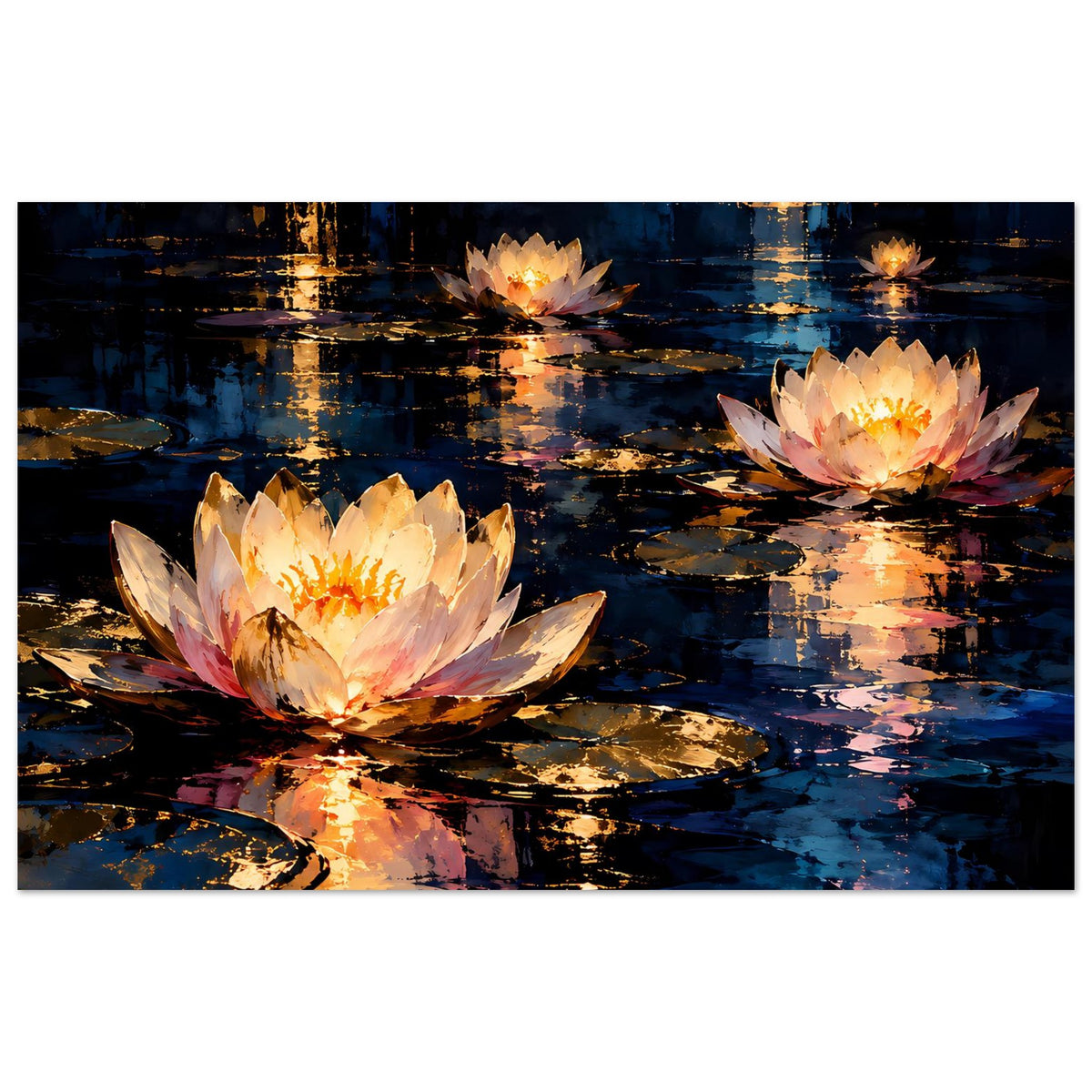 Blumenposter mit drei leuchtenden Seerosen auf dunklem Wasser, tiefblau und Goldtönen