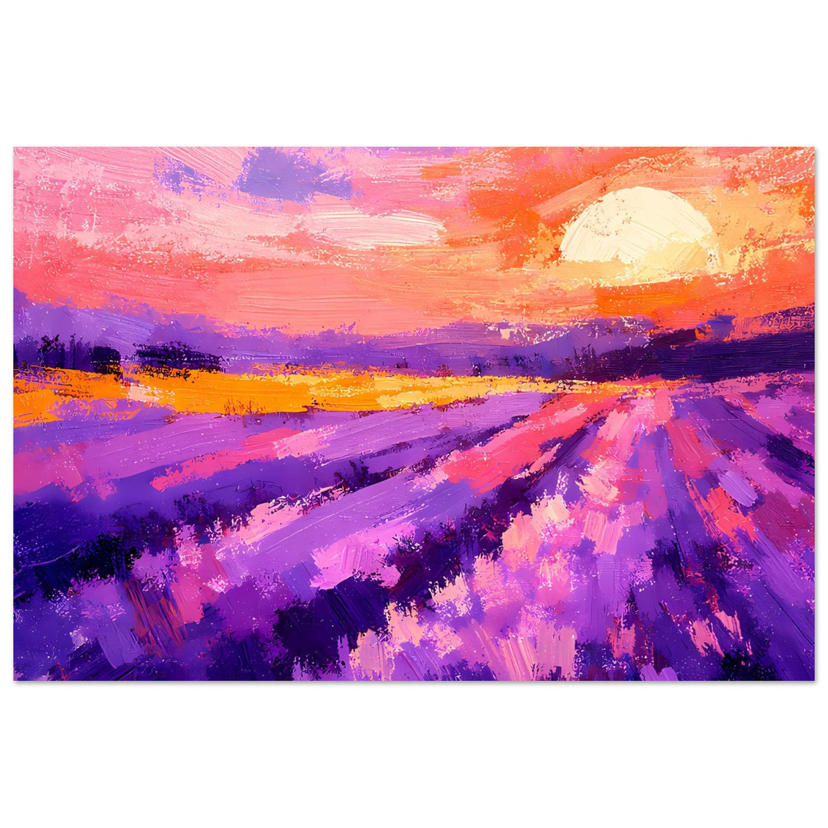 Horizontales Poster mit violettem Lavendelfeld, orangefarbenem Himmel und Sonne oben