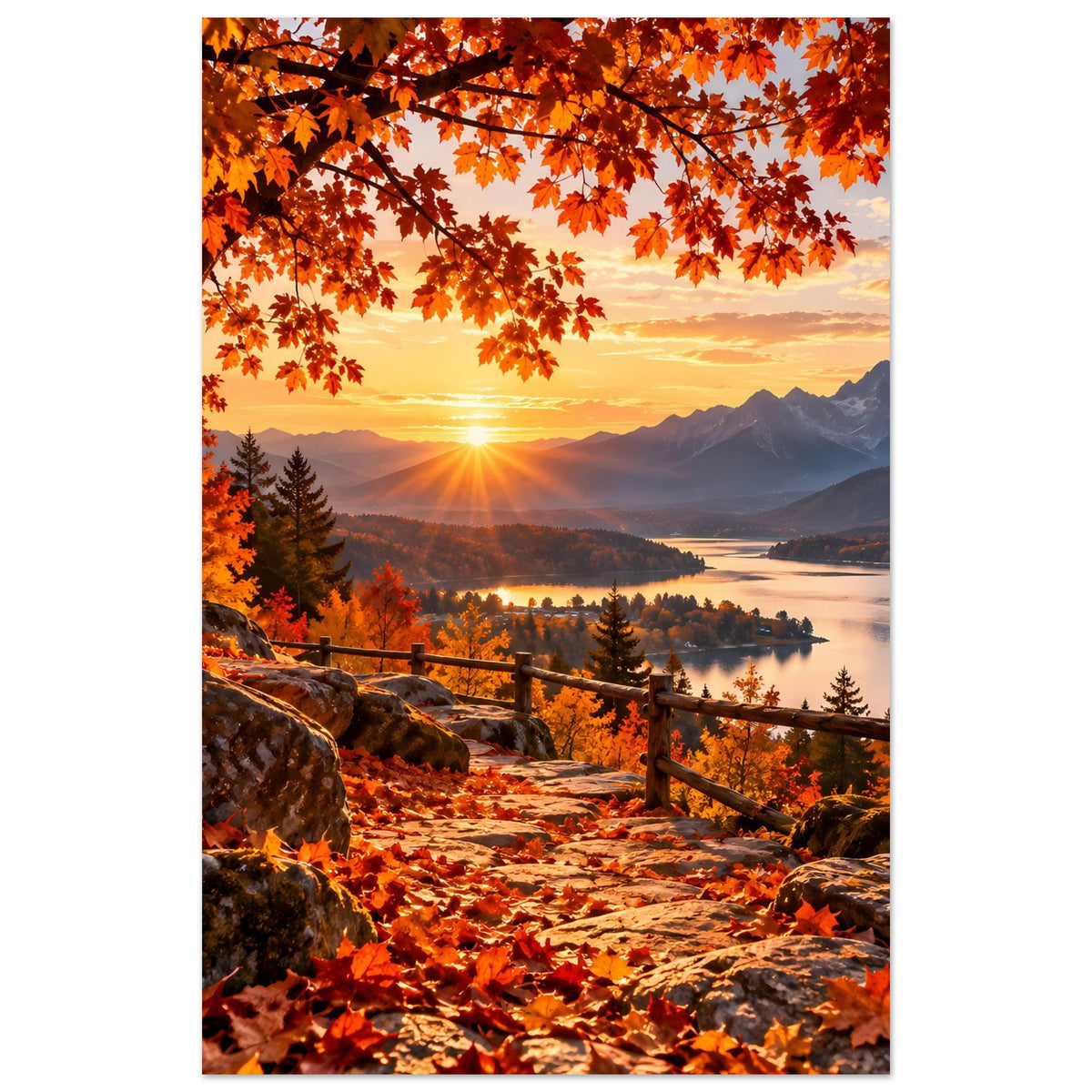 Herbstlandschafts-Poster im Hochformat: orange Blätter, Sonnenuntergang über Bergen, See mit Ufer