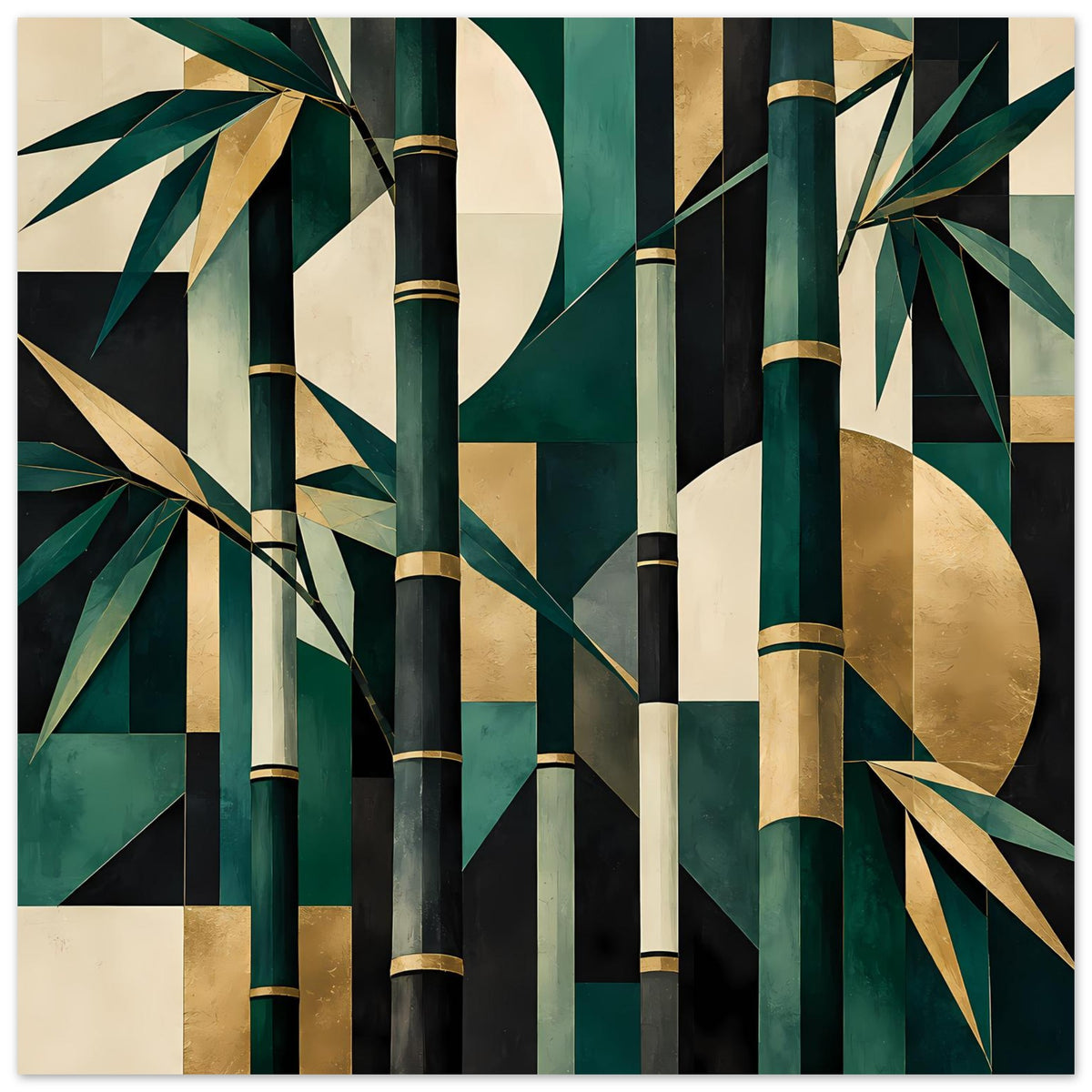 Naturposter mit abstrakten Bambusmotiven in Smaragdgrün, Dunkelgrün und Gold auf hellem Grund