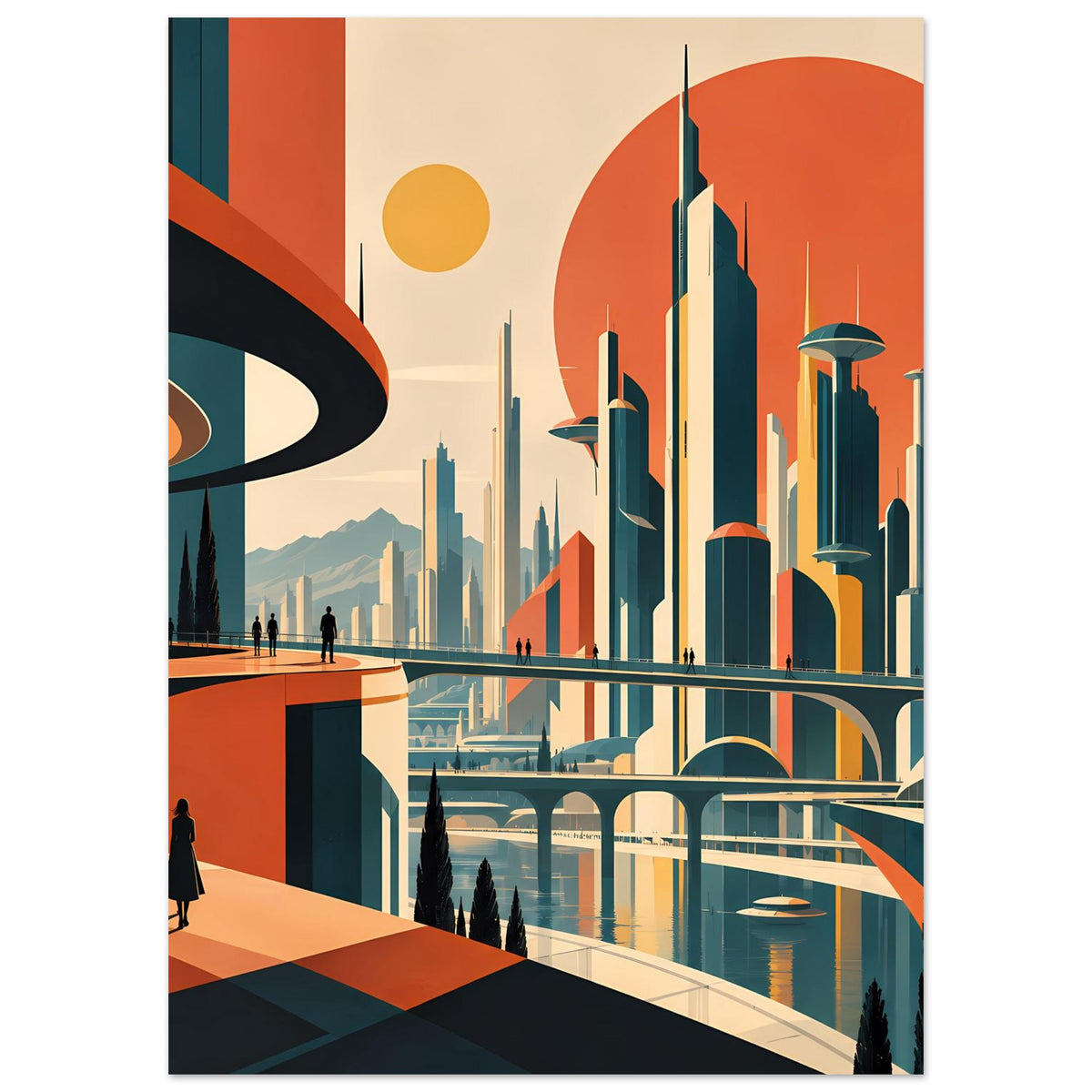 Poster mit futuristischer City, großer Sonne, türkis-roten Hochhäusern und gewölbter Brücke