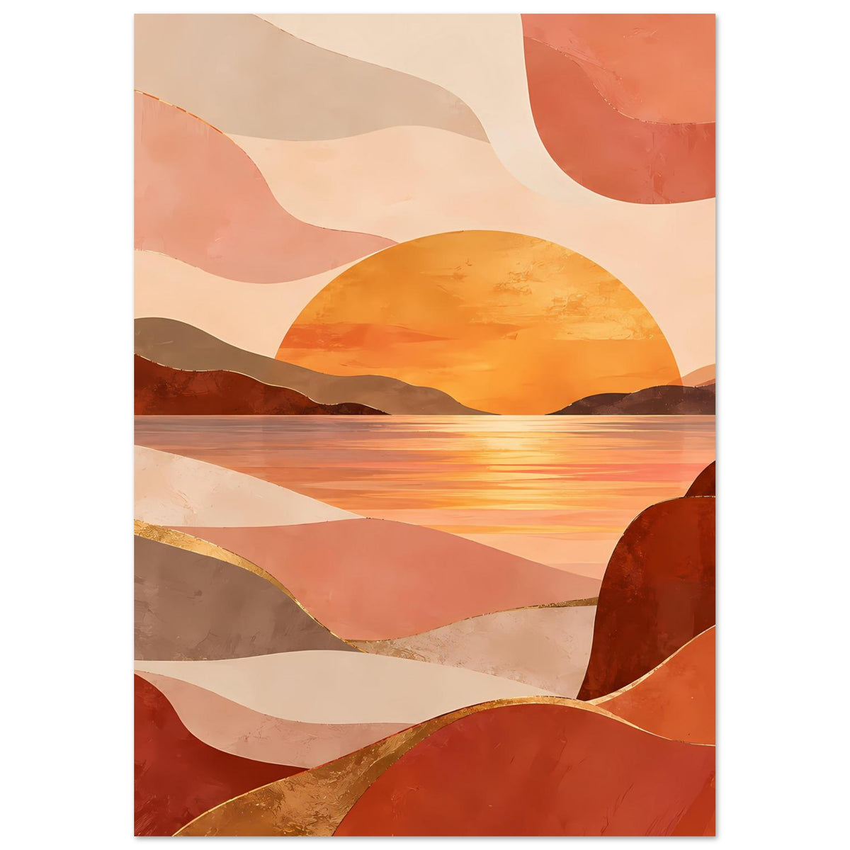 Poster im Hochformat: abstrakte Berglandschaft mit orange-goldener Sonne und ruhigem Wasser
