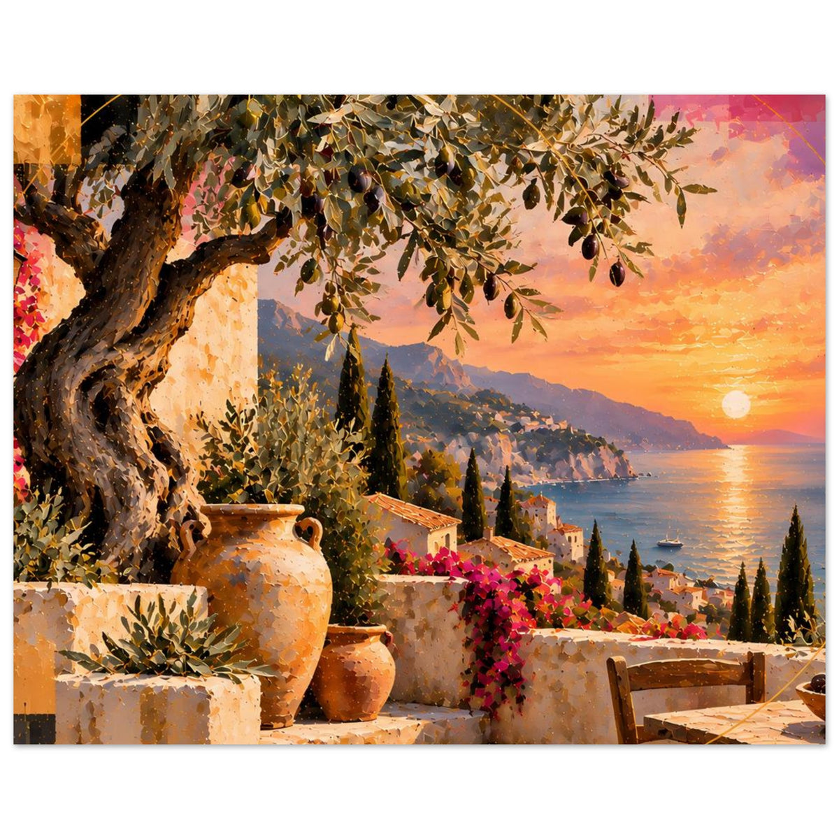 Kunstposter im Querformat: Terrasse mit Tongefäßen, Blumen, Meer und Sonne