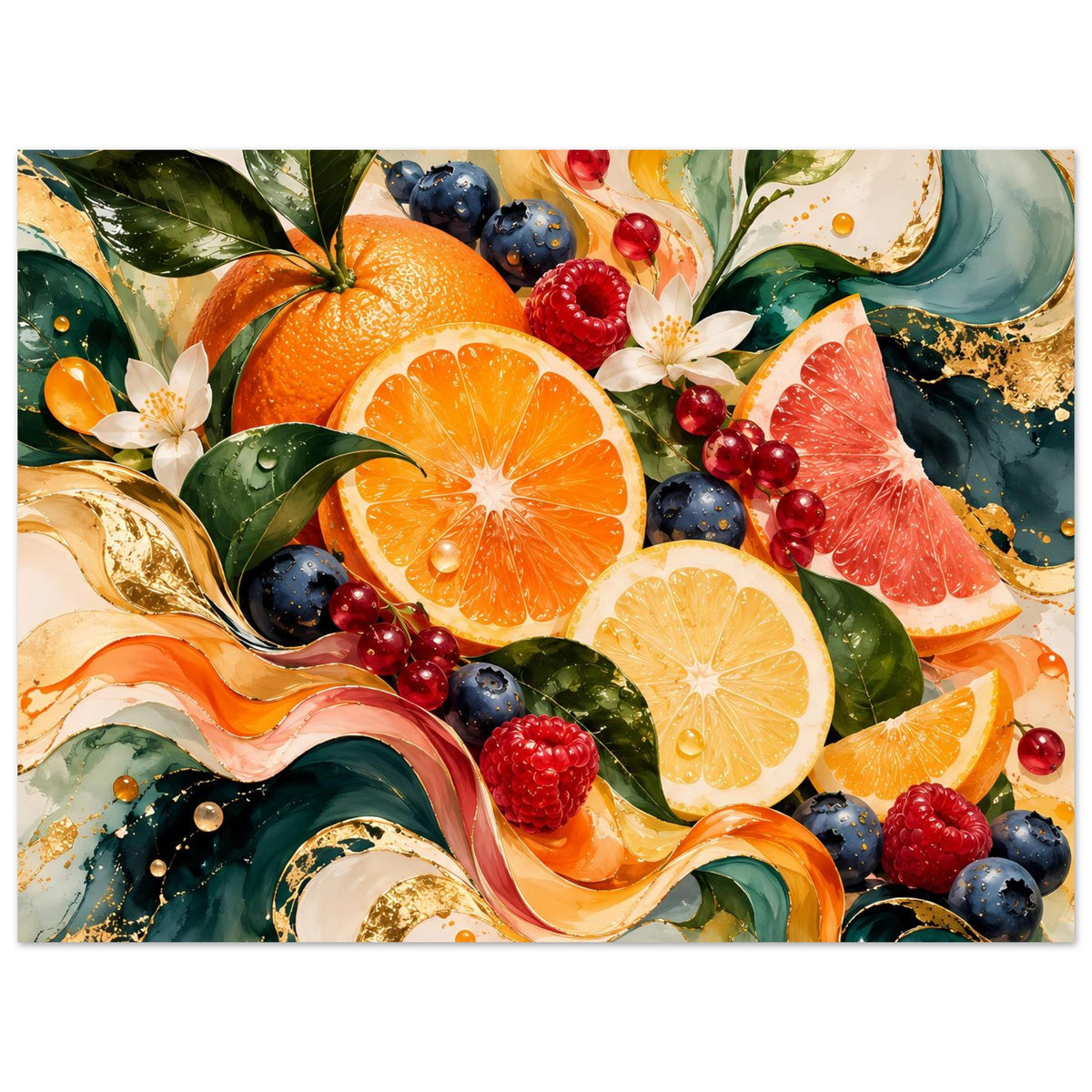Poster mit Früchte-Design: Orangen, Grapefruit, Zitronen, Beeren, Blätter und Goldstaub