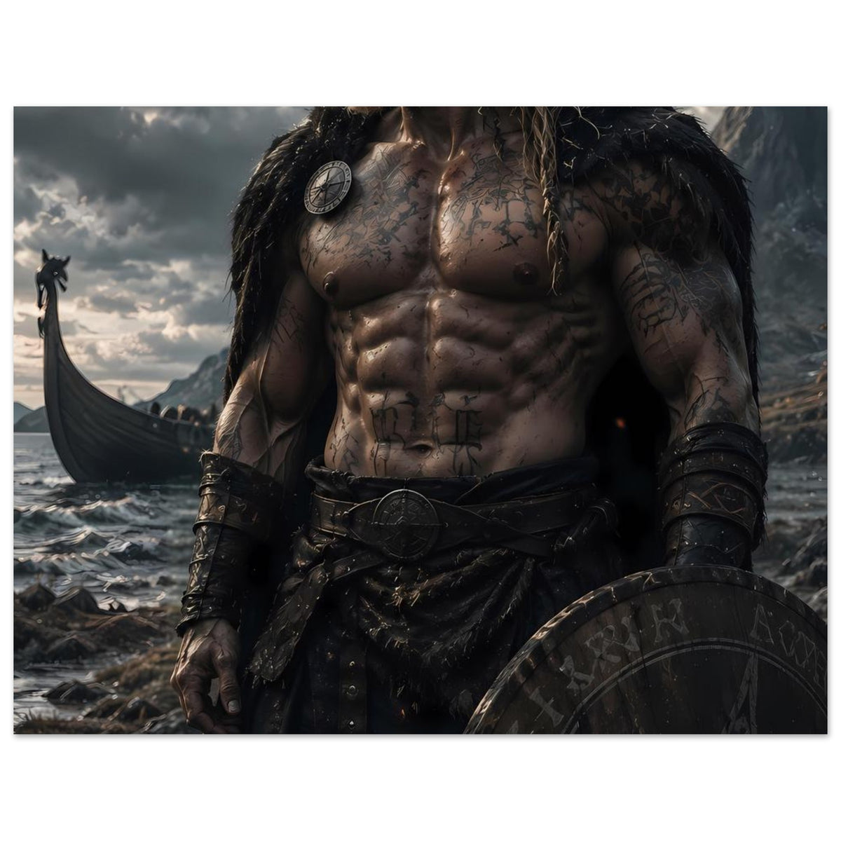 Fantasy-Poster: Wikingerkrieger mit Rundschild, Langhaar und Metallanhänger
