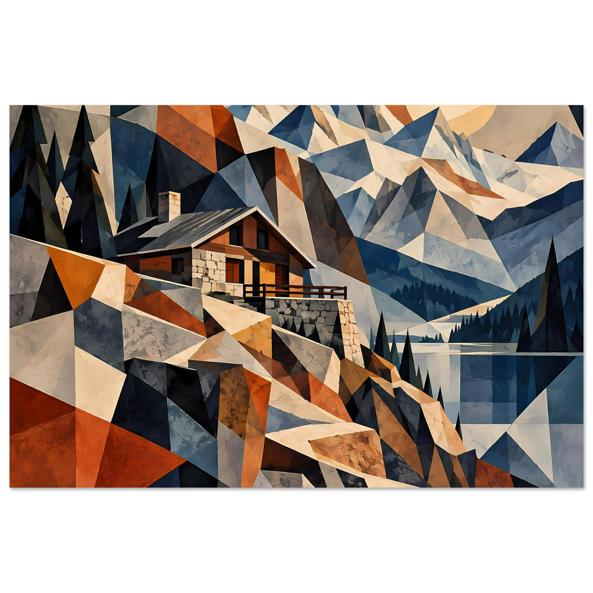 Geometrisches Berglandschafts-Poster mit Haus, Zickzack-Dreiecken, Tannen und Blauschattierungen, Rostakzenten