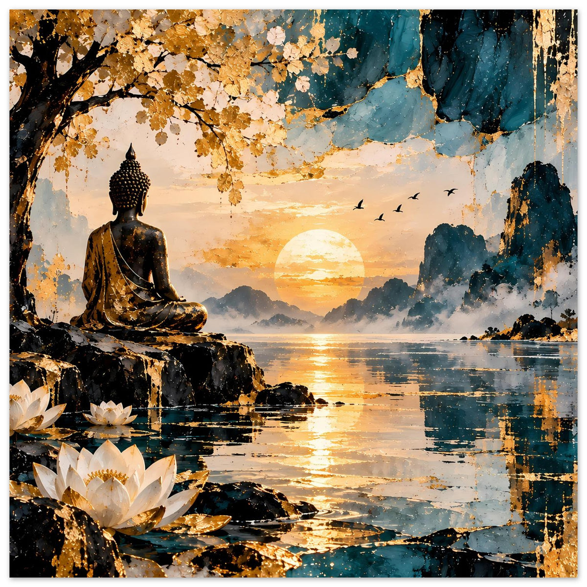 Zen-Poster mit Buddhafigur auf Felsen, Lotusen im Vordergrund, Sonnenkreis am Horizont