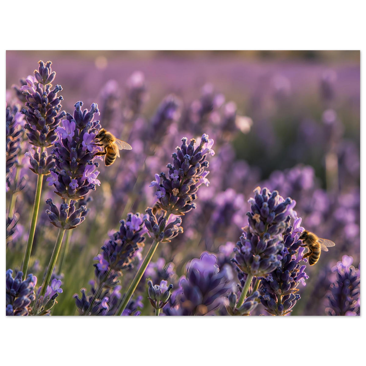 Lavendelblüten-Poster mit lila Ähren und Bienen, enger zugeschnitten
